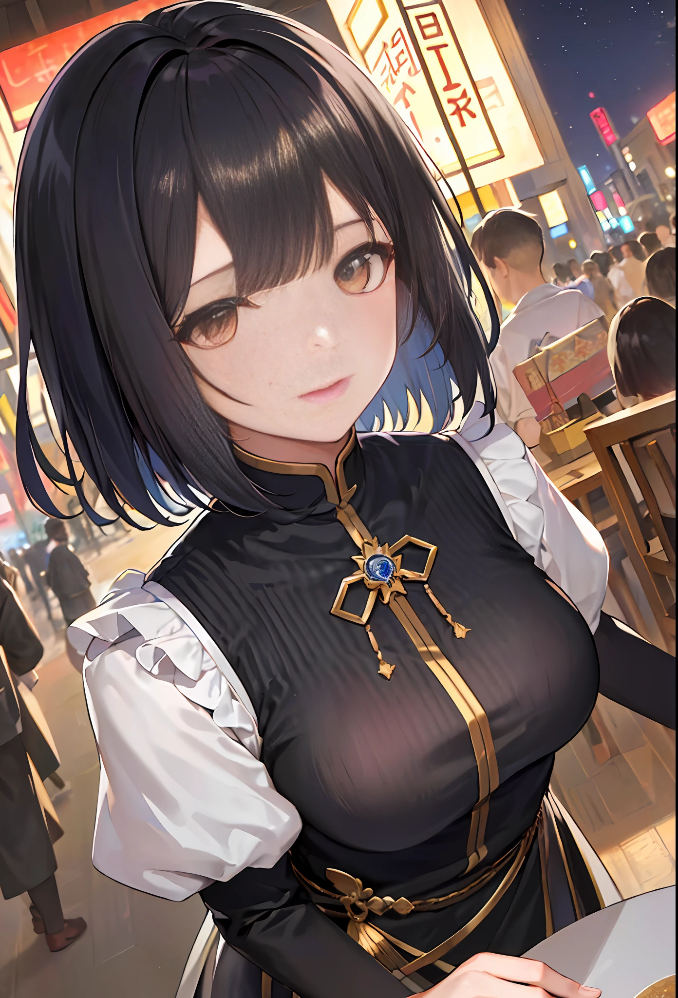 杰作,(最佳质量:1.3),8K,壁纸,(halfbody shot,street,moon),Masterpiece, 1girl, solo exhibition, beautiful woman on the bustling street, surrounded by hawkers, beautiful goddess girl portrait, beautiful and detailed face, porcelain skin, (((bust shot, center, night, black hair, short hair)), super soft lighting, symmetry, complexity, elegance, high detail, realism, art, concept art,蓝色领结