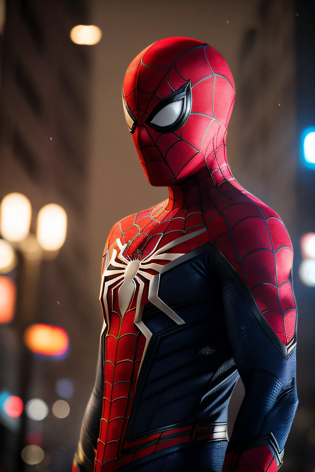 spider - man in a black and red suit standing in a city, peter parker, peter parker as spiderman, portrait shot, rendered in 4 k, portrait of spiderman, closeup portrait shot, closeup shot, medium close - up ( mcu ), full frame shot, spider-man, spider - man, a hyper realistic, photo still, mid shot portrait
