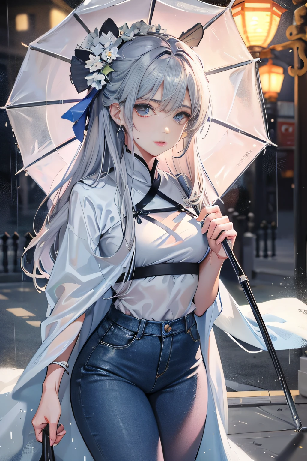On the rainy playground, mature woman with umbrella above her head, the background is the campus, blue denim leggings, delicate facial features, light blue eyes, masterpiece superb night moon full moon 1 female mature woman Chinese sister royal sister cold face showing silver white long hair woman light pink lips calm intellectual three banded gray elementary school student assassin lantern lantern flower ball background strolling street scene, long hair shawl,