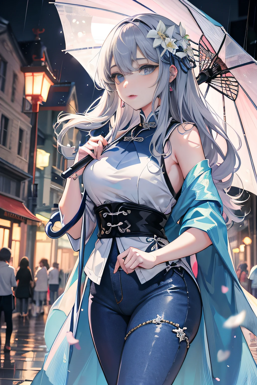 On the rainy playground, mature woman with umbrella above her head, the background is the campus, blue denim leggings, delicate facial features, light blue eyes, masterpiece superb night moon full moon 1 female mature woman Chinese sister royal sister cold face showing silver white long hair woman light pink lips calm intellectual three banded gray elementary school student assassin lantern lantern flower ball background strolling street scene, long hair shawl,