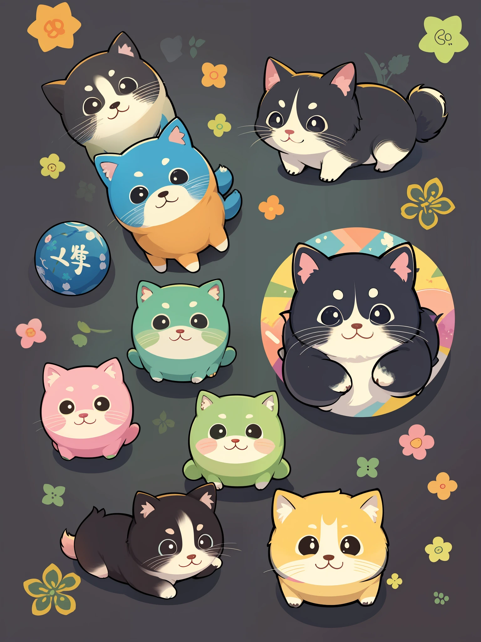 there are many different animals and words written in chinese, hand painted cartoon art style, art cover, kawaii cutest sticker ever, sticker illustration, by Shiba Kōkan, by Kōno Michisei, cute features, 中 元 节, by Gusukuma Seihō, stickers illustrations, cute characters