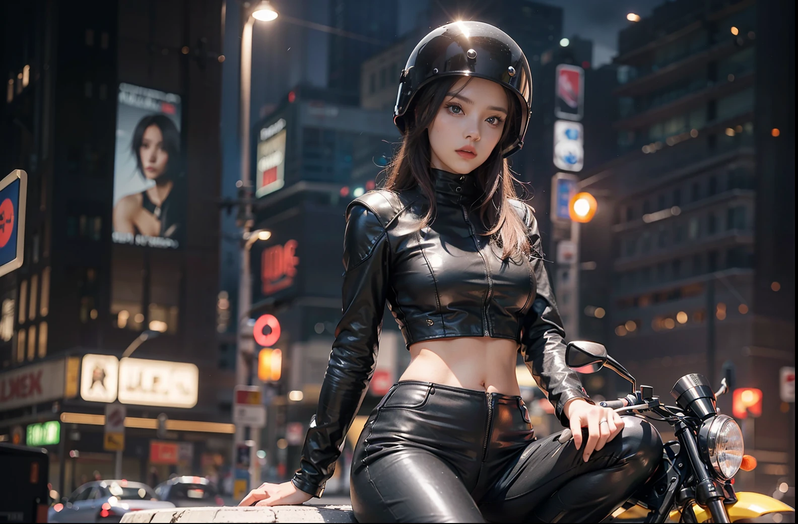 Beautiful woman in black tight leather suit, small breast, crop top, holding black helmet, sitting on a motorcycle, panorama, night view, traffic, realistic style, cinema shooting, 8K RAW, movie light effects, sexy girl,