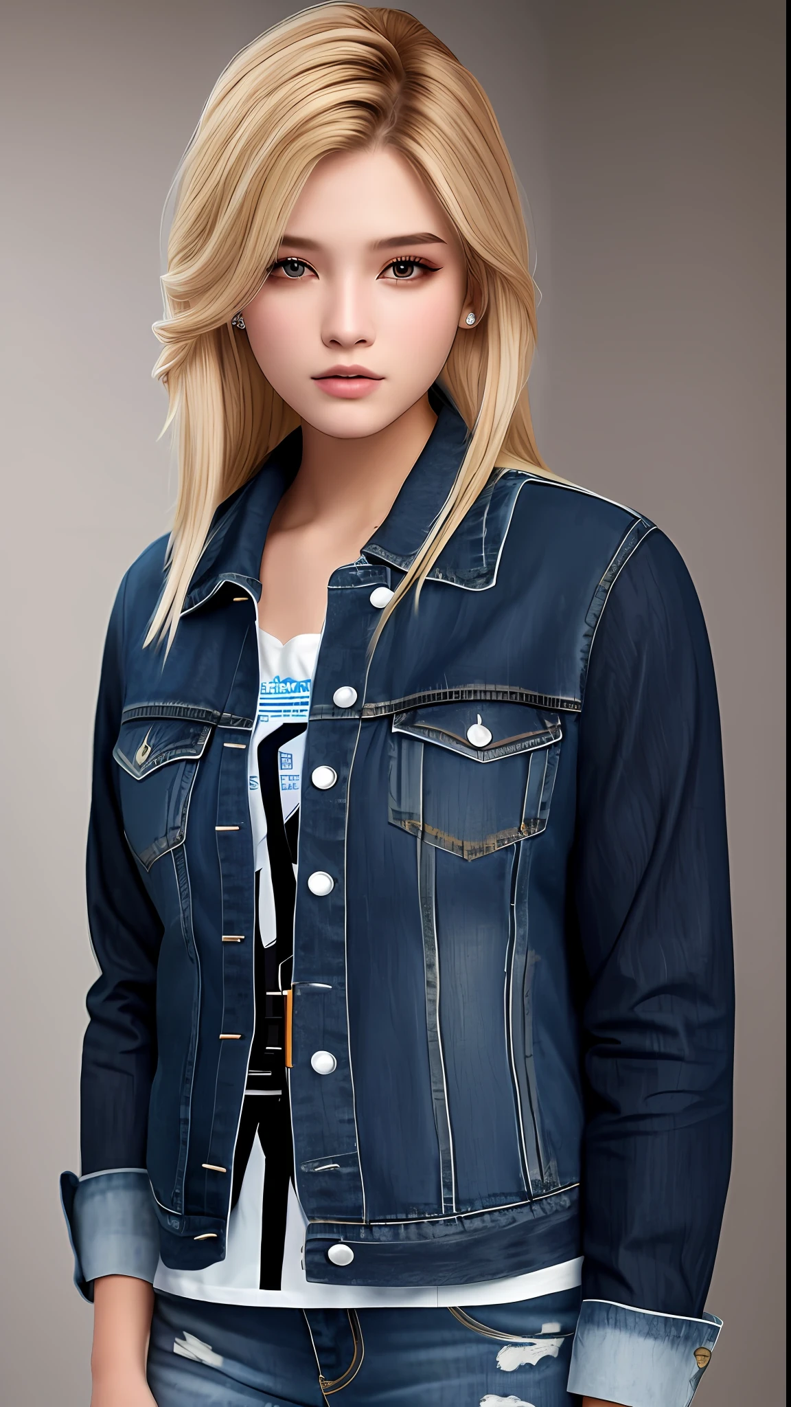 Young woman 20 years old, wearing a denim jacket, black neckline shirt, resident evil style, brown eyes, realistic style, blonde, 8k, brown skin