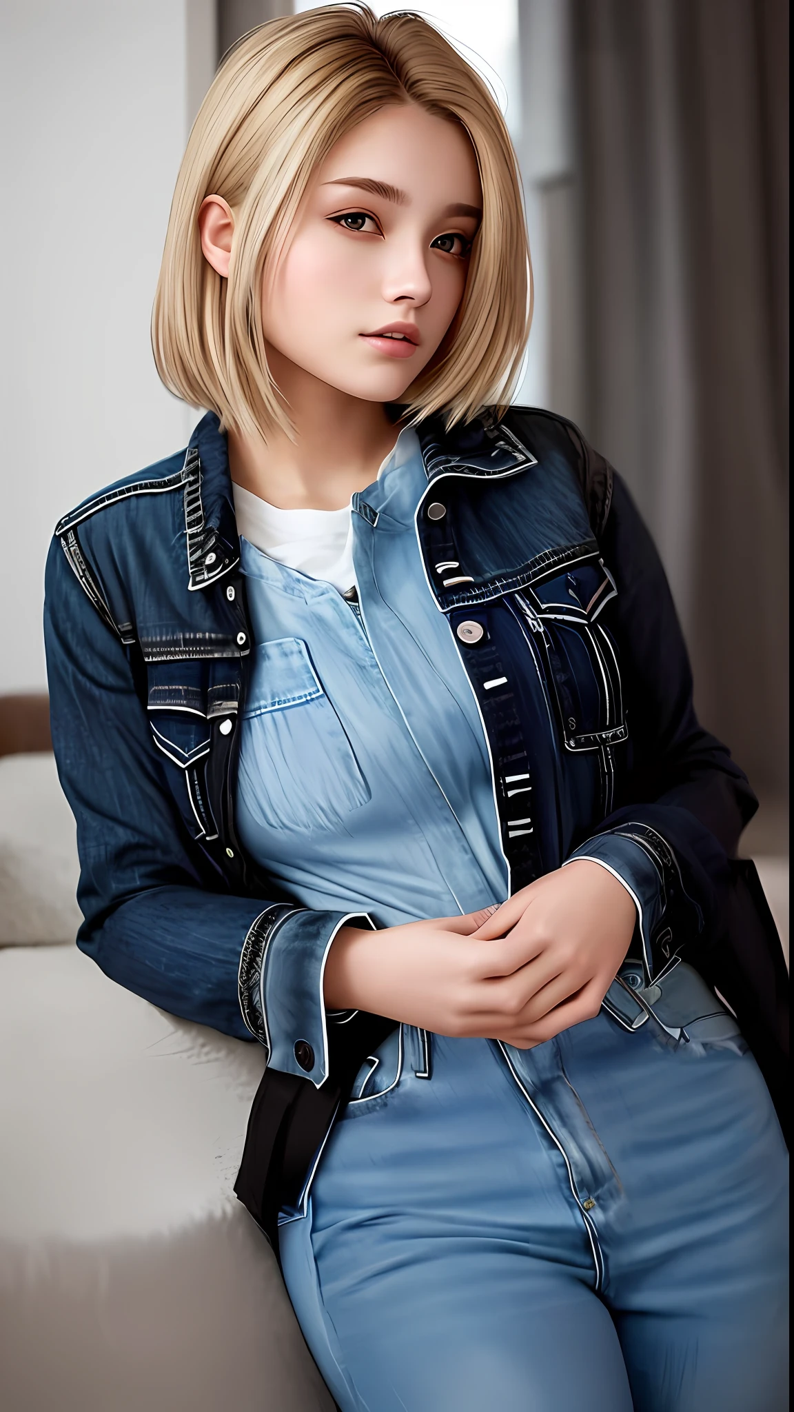 Young woman 20 years old, wearing a denim jacket, black neckline shirt, resident evil style, brown eyes, realistic style, blonde, 8k, brown skin