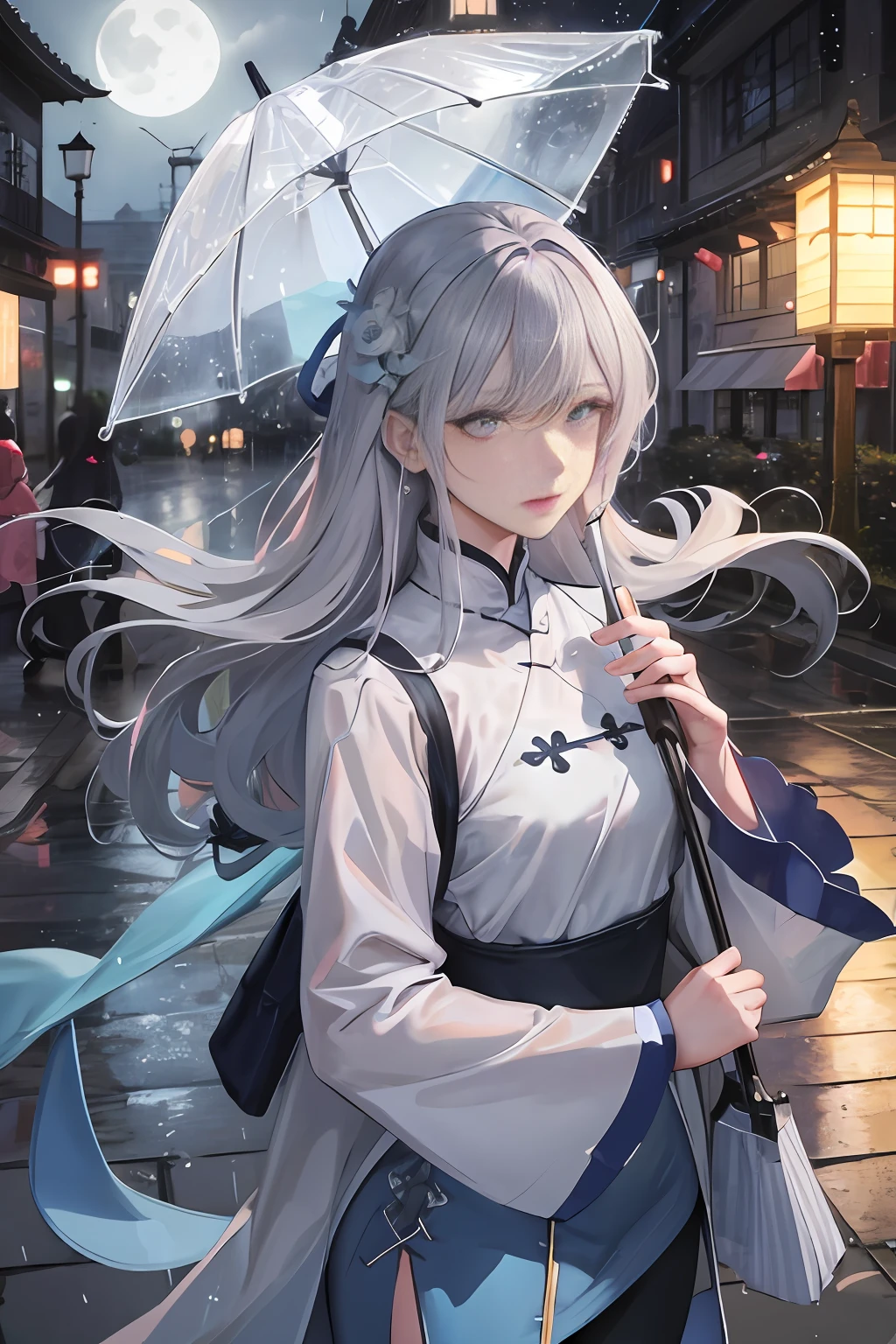 Back, rainy playground, mature woman with umbrella above her head, campus in the background, blue denim leggings, delicate facial features, light blue pupils, masterpiece superb night moon full moon 1 female mature woman Chinese sister royal sister cold face showing silver white long hair woman light pink lips calm intellectual three banded gray elementary school student assassin lantern lantern flower ball background strolling street scene, long hair shawl,