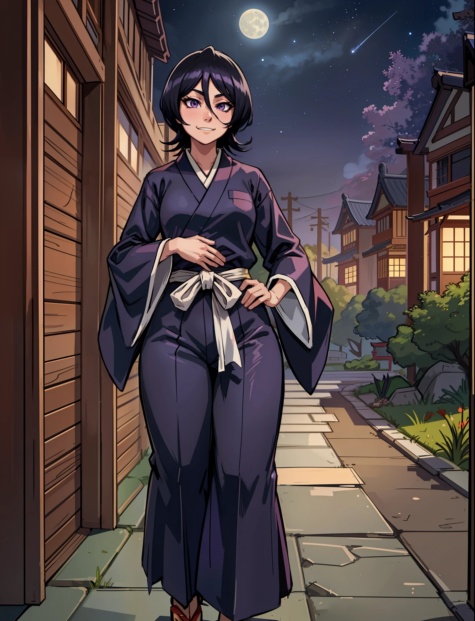 anime screen, night sky, moon, forest, path, 1girl, solo, short hair, black hair, purple eyes, japanese clothes, looking at the viewer, black kimono, hair between eyes, cowboy shot, wide sleeves, hakama pants, back, closed mouth, grin, walk, look around, wide hips, big ass