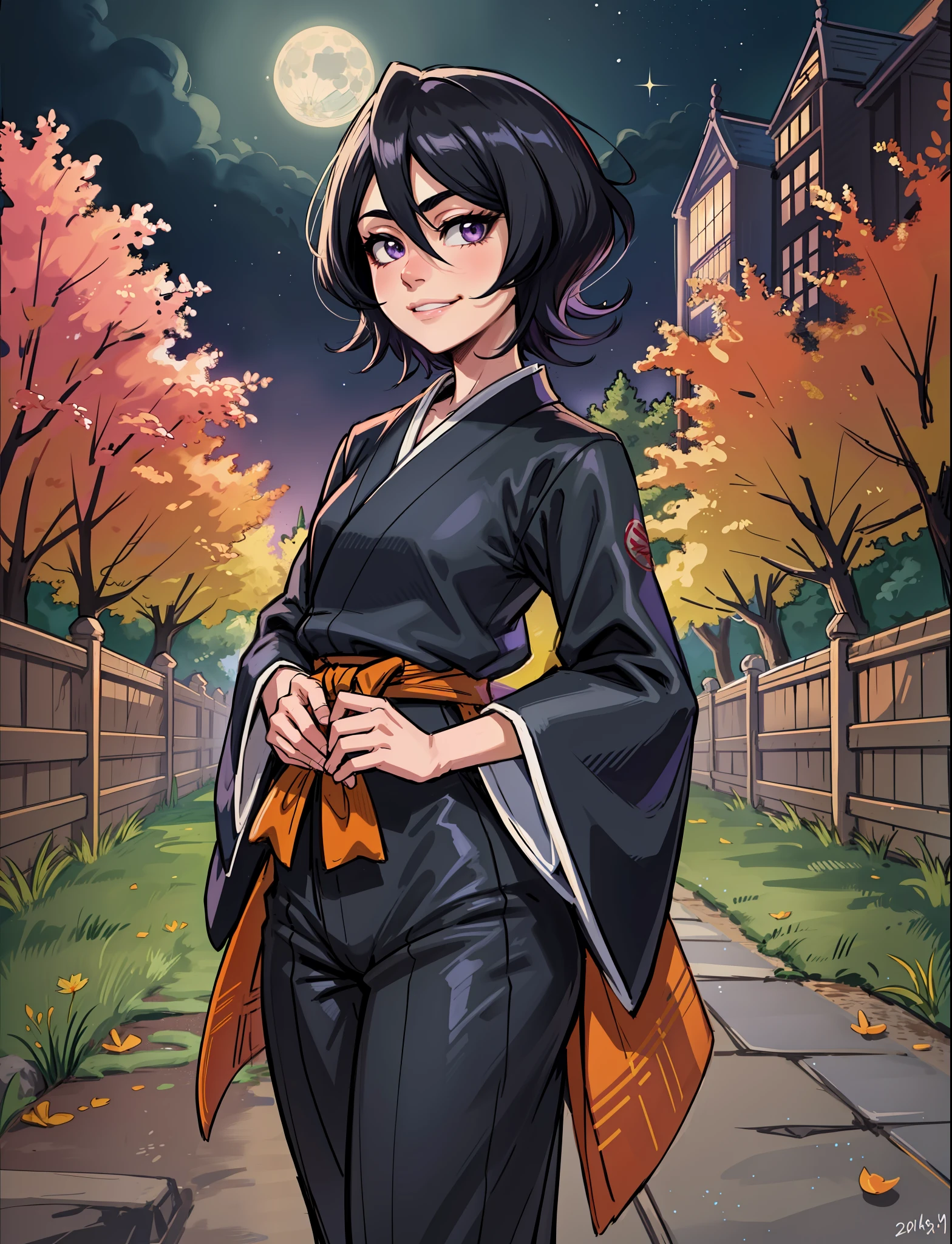 anime screen, night sky, moon, forest, path, 1girl, solo, short hair, black hair, purple eyes, japanese clothes, looking at the viewer, black kimono, hair between eyes, cowboy shot, wide sleeves, hakama pants, back, closed mouth, grin, walk, look around, wide hips, big ass