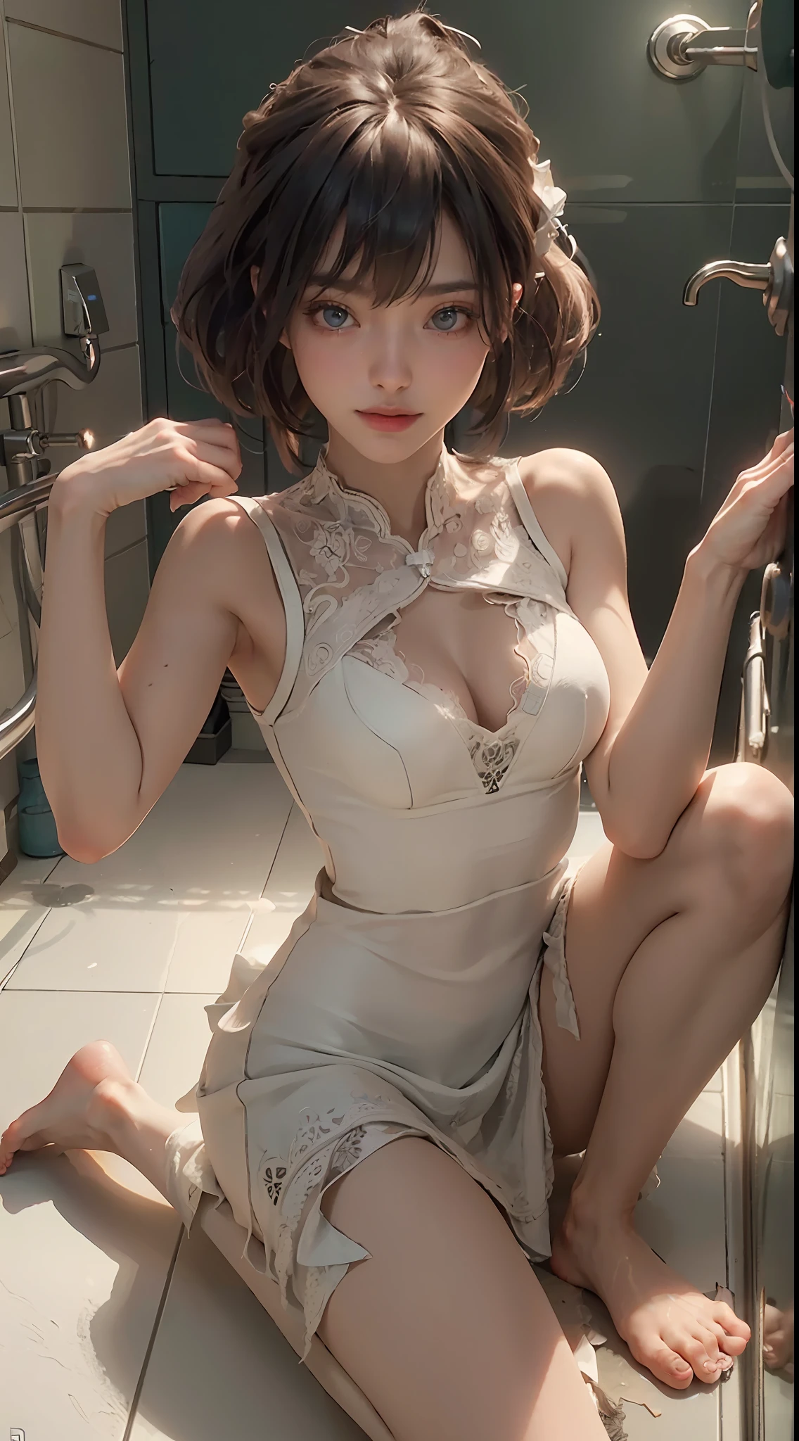 ((Best Quality)), ((Masterpiece)), (Detail: 1.4), 3D, A Barefoot Girl in the Bathroom, Close-up of Footsteps, HDR (High Dynamic Range), Ray Tracing, NVIDIA RTX, Super-Resolution, Unreal 5, Subsurface Scattering, PBR Texture, Post-Processing, Anisotropic Filtering, Depth of Field, Maximum Sharpness and Sharpness, Multi-layer Texture, Albedo and Highlight Maps, Surface Shading, Accurate simulation of light-material interactions, perfect proportions, Octane Render, two-color light, large aperture, low ISO, white balance, rule of thirds, 8K RAW,