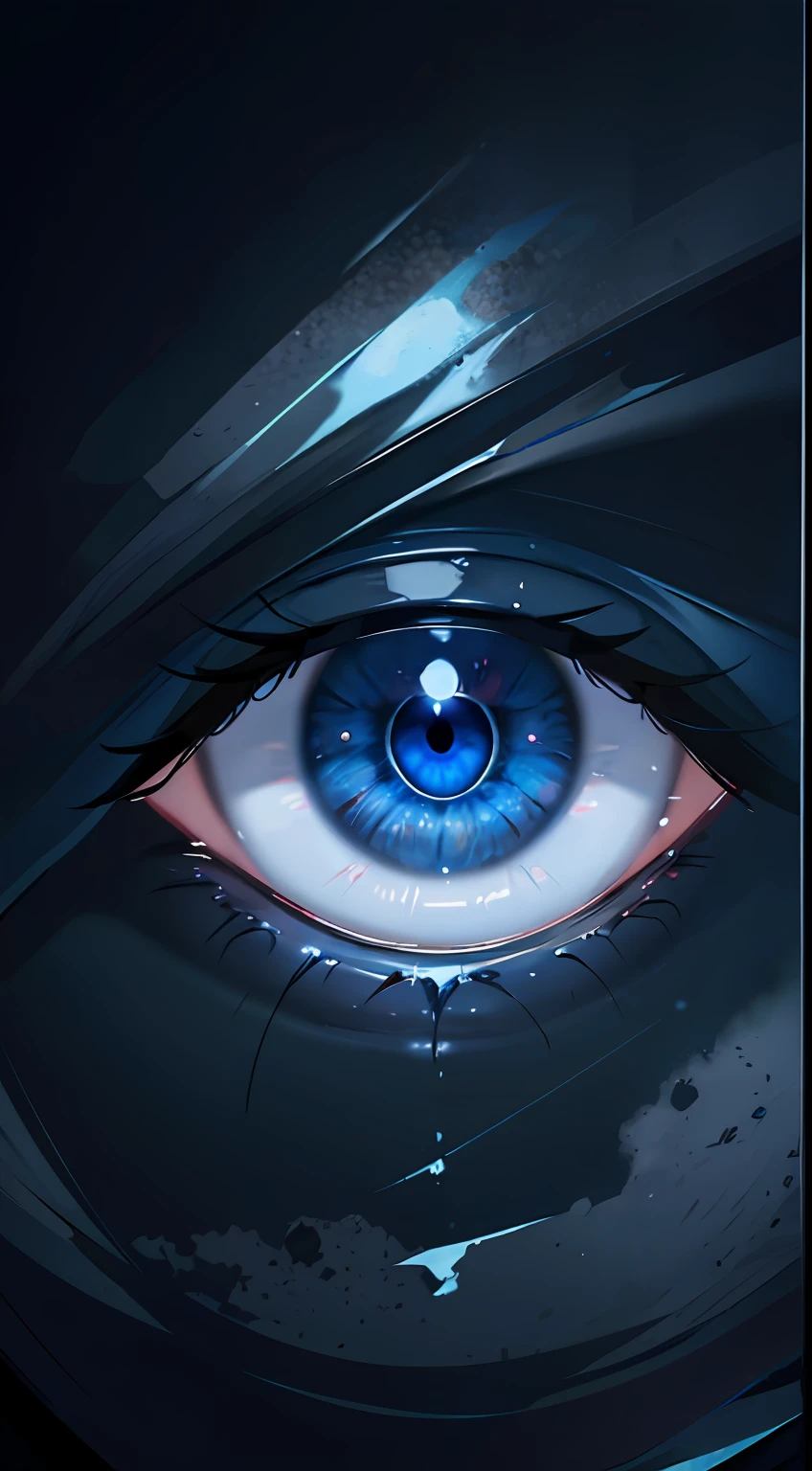 It is a blue eyeball, surrounded by black, surrounded by blue clouds of smoke in the darkness.