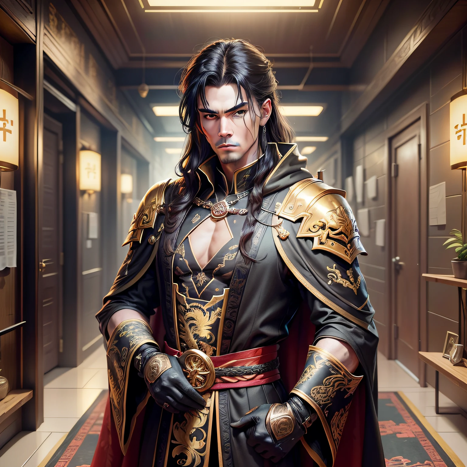 Cyberpunk male, Fantasy World, Bedroom background, Clean design, epic instagram, artstation, Splashes of colored paint, Newspapers, (princes) (cold expression), (wearing luxurious black robes with high details) (inheriting the family business) mature men, Chinese style, Ancient China, brunette hair, Black eye, bifurcate, long hair, Long bangs, hansome, hansome, virile, serious, gentle, tall, composure, Black gold blend, Gold pattern, Dragon Pattern Road, prince, palace --auto --s2