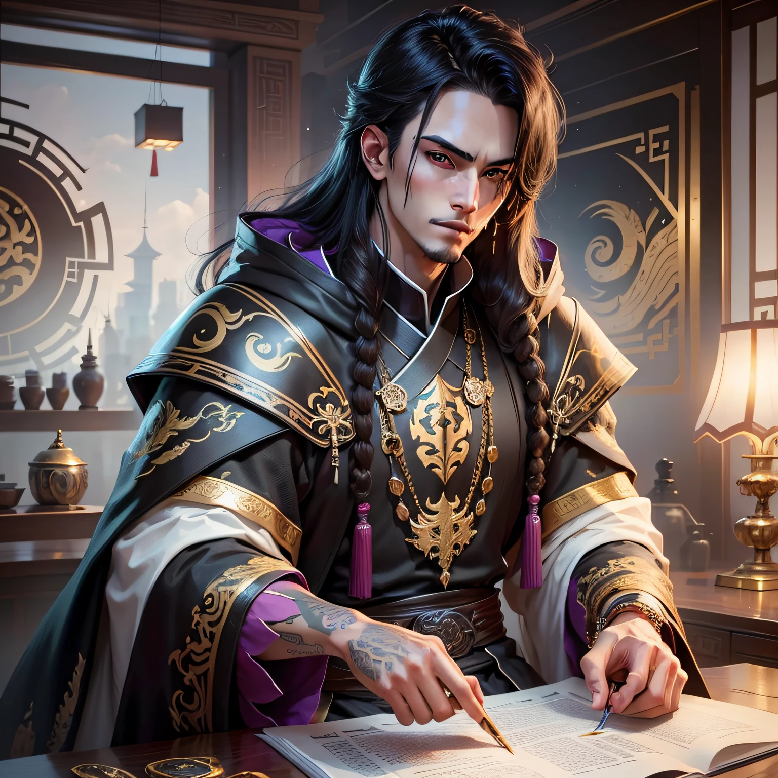 Cyberpunk male, Fantasy World, Bedroom background, Clean design, epic instagram, artstation, Splashes of colored paint, Newspapers, (princes) (cold expression), (wearing luxurious black robes with high details) (inheriting the family business) mature men, Chinese style, Ancient China, brunette hair, Black eye, bifurcate, long hair, Long bangs, hansome, hansome, virile, serious, gentle, tall, composure, Black gold blend, Gold pattern, Dragon Pattern Road, prince, palace --auto --s2