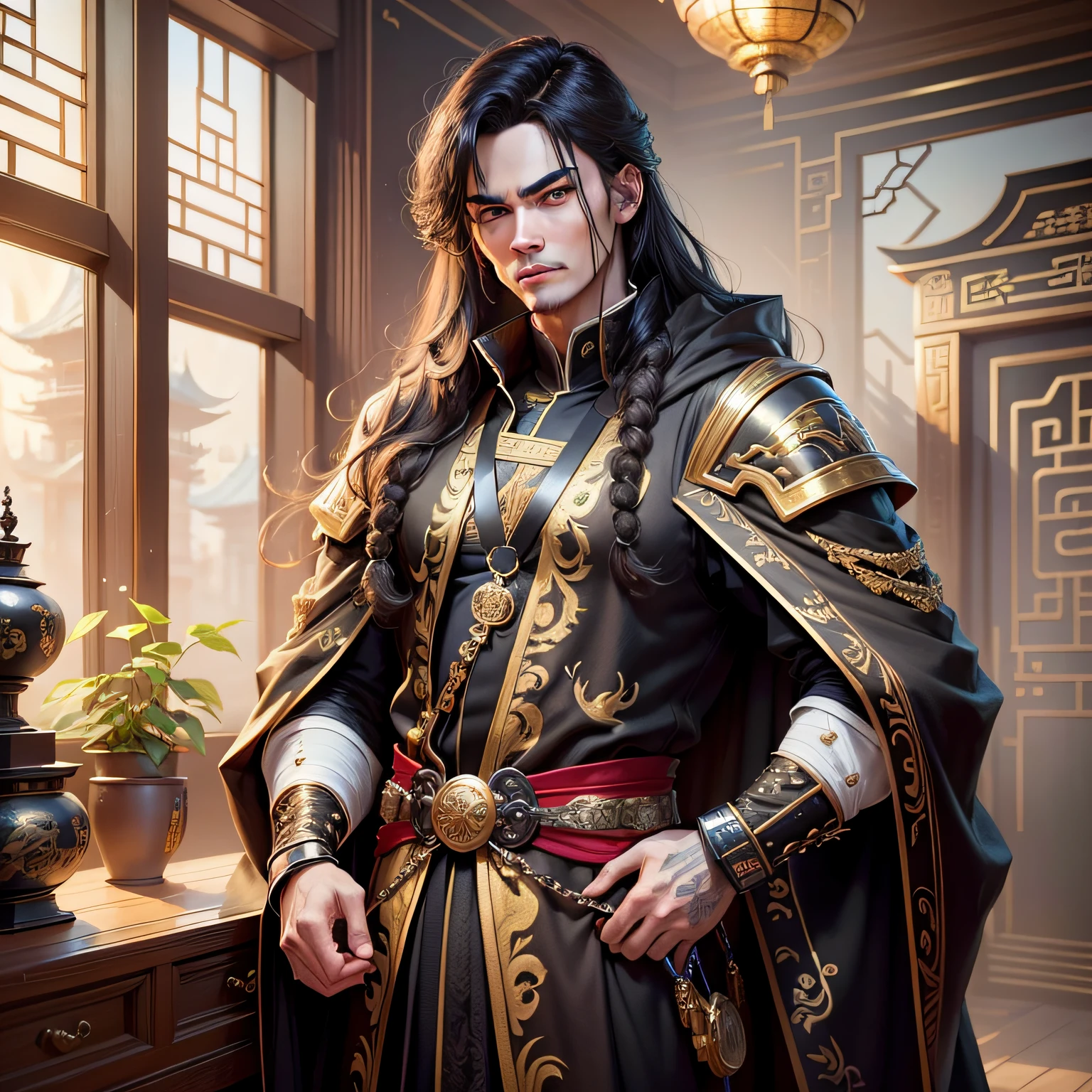 Cyberpunk male, Fantasy World, Bedroom background, Clean design, epic instagram, artstation, Splashes of colored paint, Newspapers, (princes) (cold expression), (wearing luxurious black robes with high details) (inheriting the family business) mature men, Chinese style, Ancient China, brunette hair, Black eye, bifurcate, long hair, Long bangs, hansome, hansome, virile, serious, gentle, tall, composure, Black gold blend, Gold pattern, Dragon Pattern Road, prince, palace --auto --s2