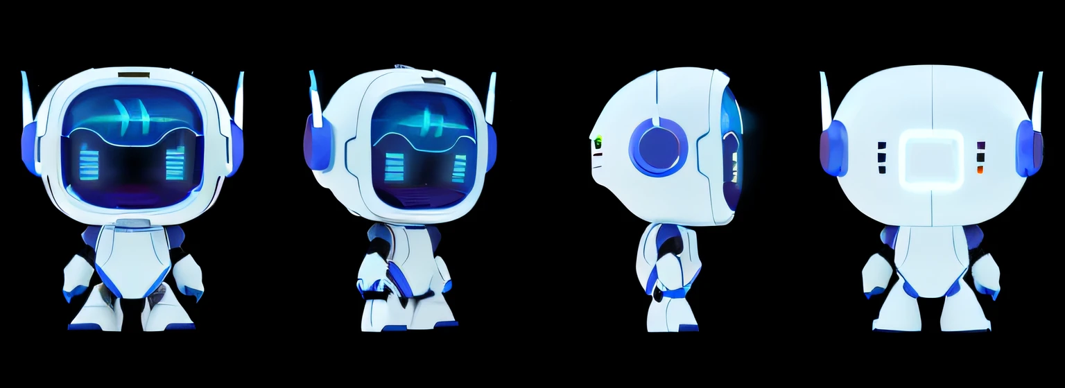 Three different views of robot with blue light on face, cute cyber god, cute humanoid robot, cito character design robot, 3D kids robot, cute robot, concept robot, humanoid character, cute friendly robot, beautiful robot character design, friendly humanoid web robot, very cute robot zen, blue shift rendering, white robot