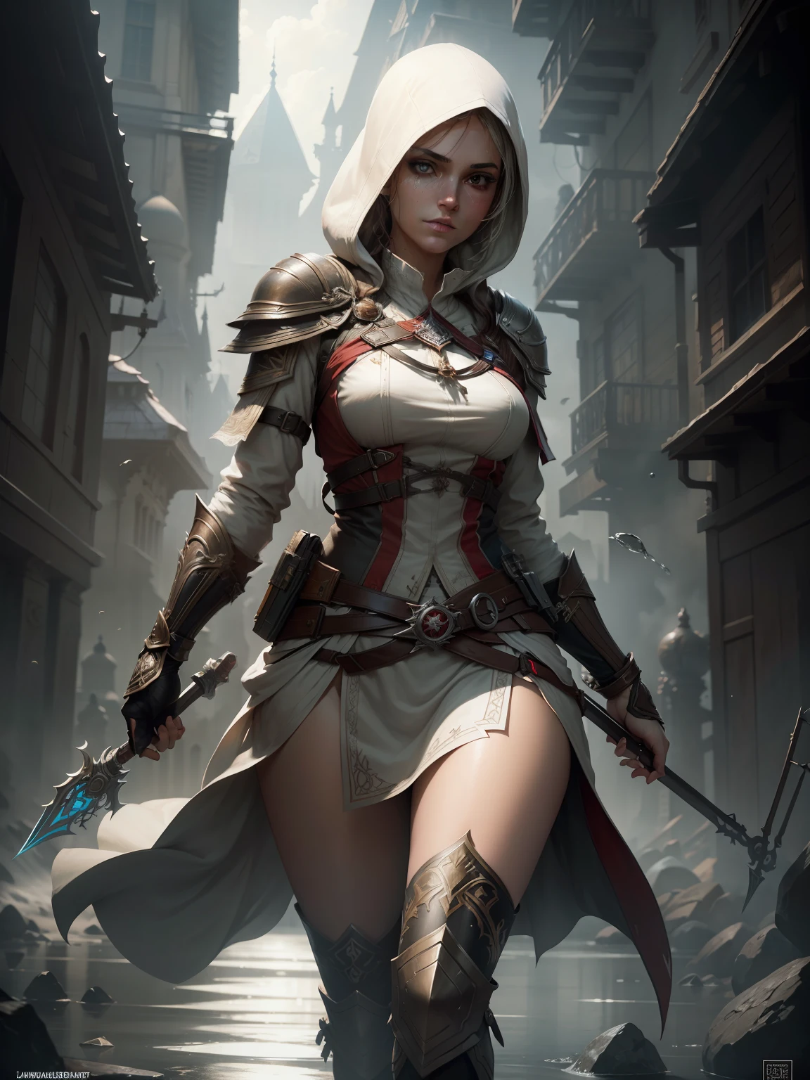 Altair medium female full shot of Assassin's Creed, full body, detailed symmetrical hazelnut eyes, beautiful detailed face, dynamic pose, in the style of artists like Russ Mills, Darek Zabrocki, Ivan laliashvili, Jean-Baptiste Monge. Water-dropped ink, splash drips, paper texture, manga paste and perfect shading, with dramatic lighting. The artwork should be centralized, stylized, and elaborate. TanvirTamim. rendered in 8K resolution for high-quality detail, artstation, concept art, smooth and sharp focus, illustration, highly detailed smooth natural volumetric cinematic light, intricate art masterpiece