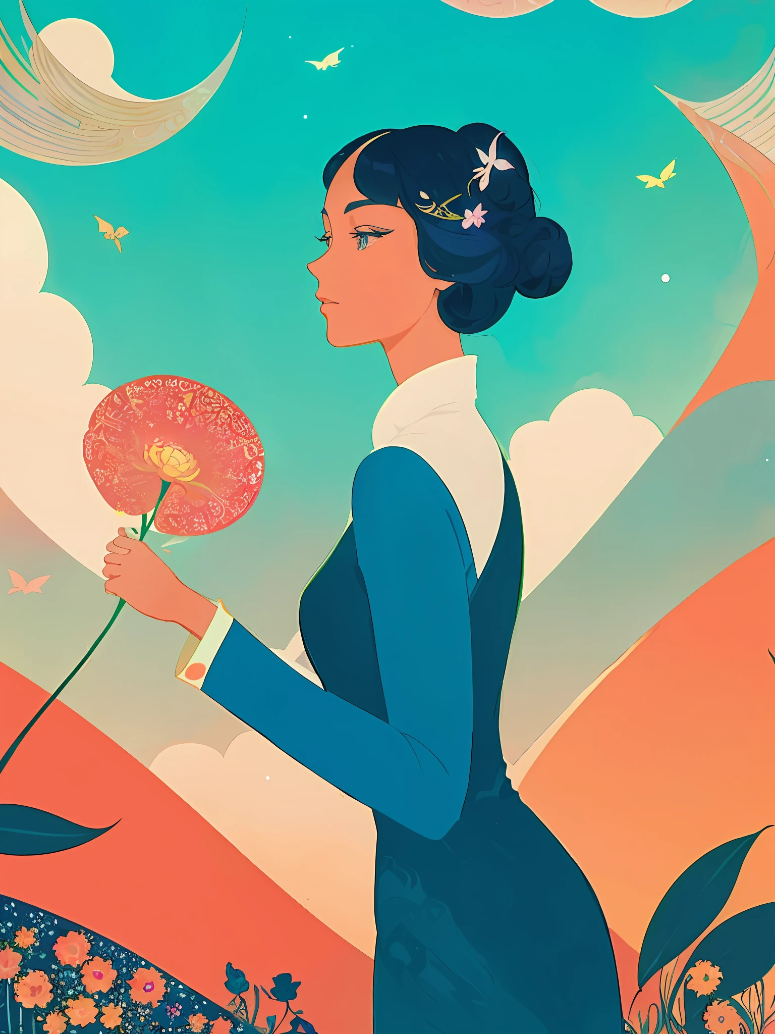 disney princesses are depicted in a colorful illustration of a woman holding a flower, jen bartel, beautiful retro art, brittney lee, victo ngai! cmyk palette, james gilleard artwork, a beautiful artwork illustration, inspired by Victo Ngai, alphonse mucha and alena aenami, victo ngai! muted colors