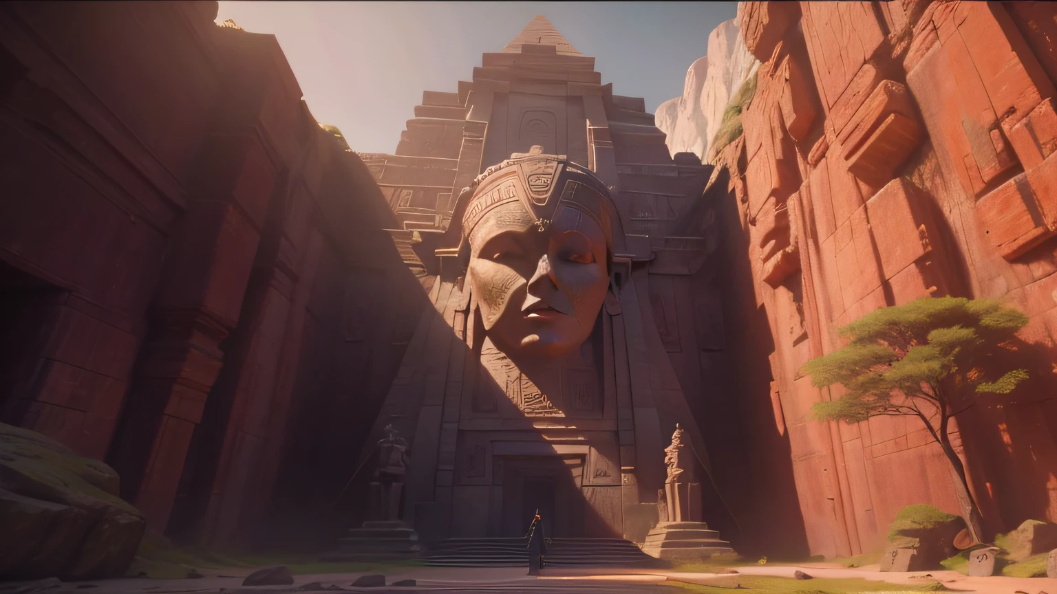arafed statue of a woman in a dark cave, still frame from prometheus, exterior of scifi temple, pyramid surrounded with greenery, by Michael James Smith, tomb raider (2018), still from a music video, orientalist, before dawn, 3 d houdini, mayan, 2077, matte art, 8 k artistic lithography