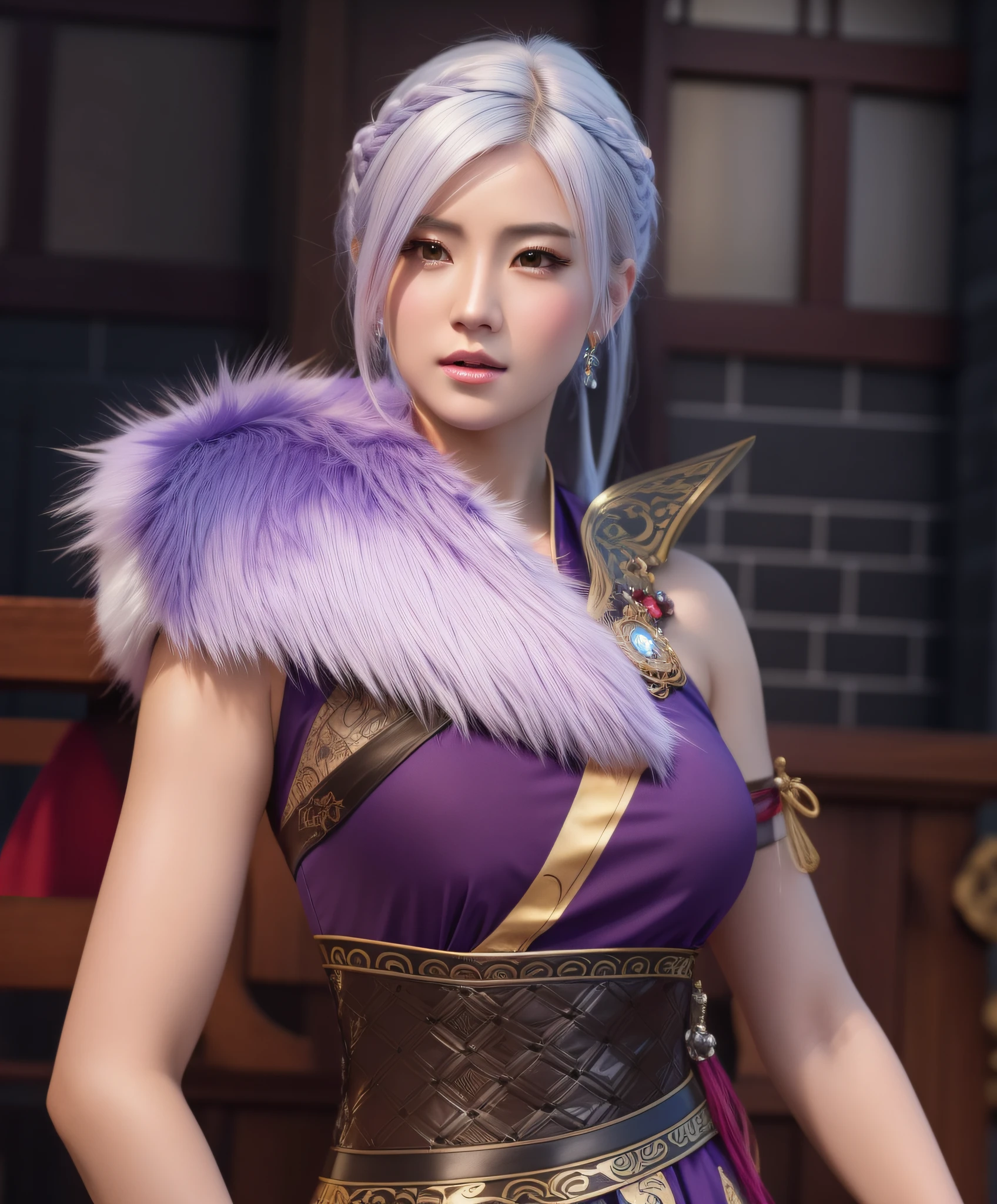 a close up of a woman in a purple dress with a furry collar, tifa lockhart with white hair, full body xianxia, game cg, zhongli from genshin impact, yun ling, ruan jia and artgerm, keqing from genshin impact, xianxia hero, 8k artgerm bokeh, inspired by Lan Ying, (masterpiece:1.4), (8k, photorealistic, RAW photo, best quality: 1.4), japanese, beautiful face, (realistic face:1.4), (high detailed hair:1.3), beautiful hairstyle, realistic eyes, beautiful detailed eyes, (realistic skin:1.3), beautiful skin, attractive, ultra high res, ultra realistic, highly detailed, golden ratio, (detailed face:1.4), (realistic medium breasts:1.4), (braless:1.4), perky_nipples, see-through outfit, transparent outfit, (nsfw:1.25)