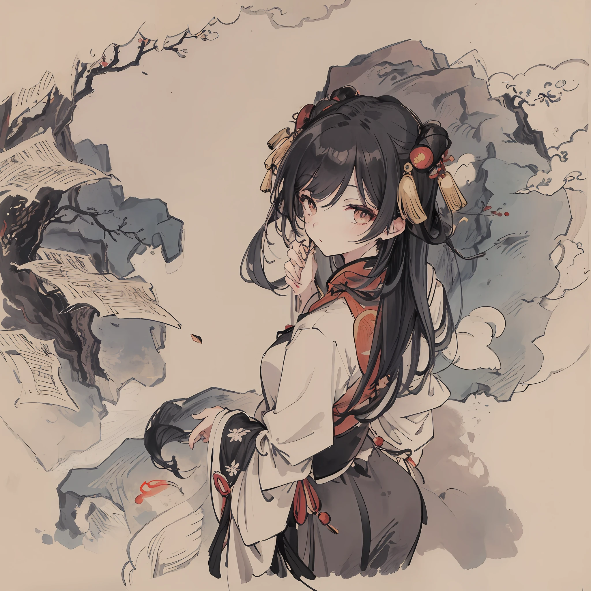 masterpiece, top quality, traditional Chinese ink painting, shuimobysim, shukezouma, night, hill, clouds, full moon, long hair, woman, silhouette, firefly,