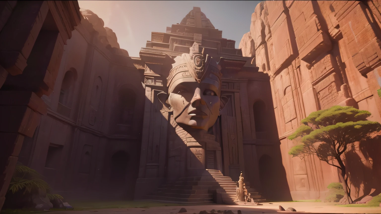 arafed statue of a woman in a dark cave, still frame from prometheus, exterior of scifi temple, pyramid surrounded with greenery, by Michael James Smith, tomb raider (2018), still from a music video, orientalist, before dawn, 3 d houdini, mayan, 2077, matte art, 8 k artistic lithography