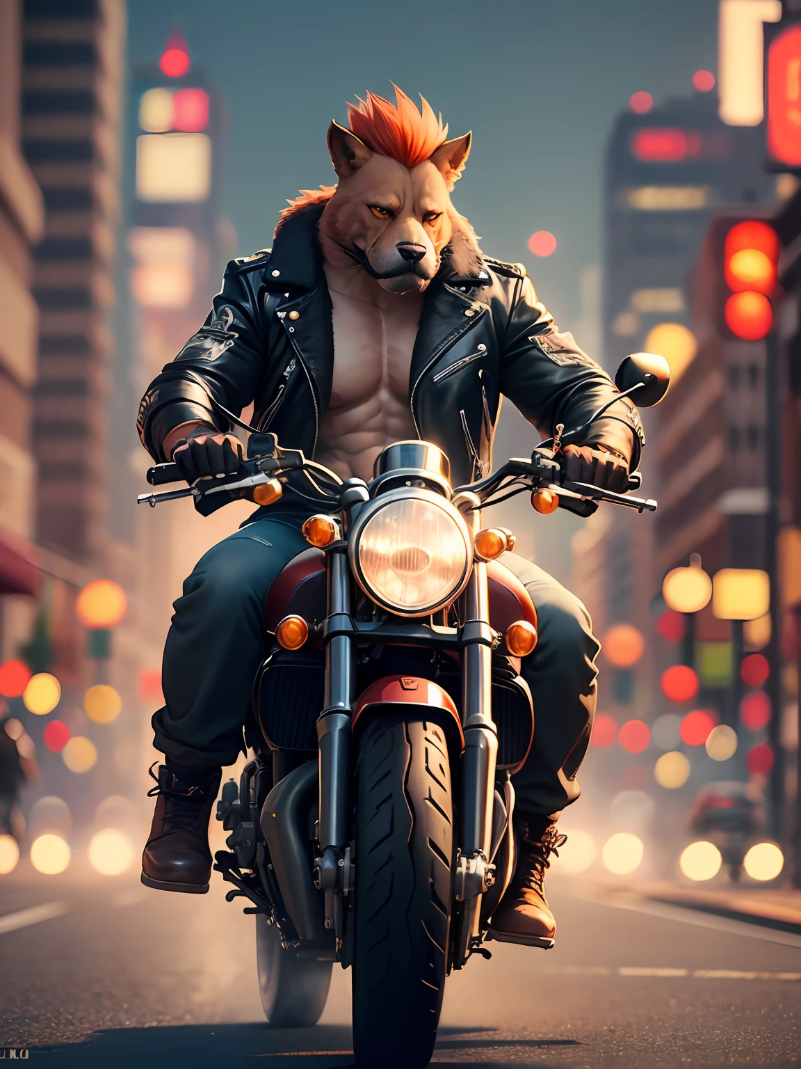 Outfits, (ultradadetailed), (Animal anthropomorphism), gang theme, jacket, red hair. Riding a motorcycle in dim lights, tattoos, machine guns, smoke, shadows, corrupt cityscapes, top quality, single-player focus, (thin and light: 1.04), muscle man, full body, complex (high detail: 1.1), add detail