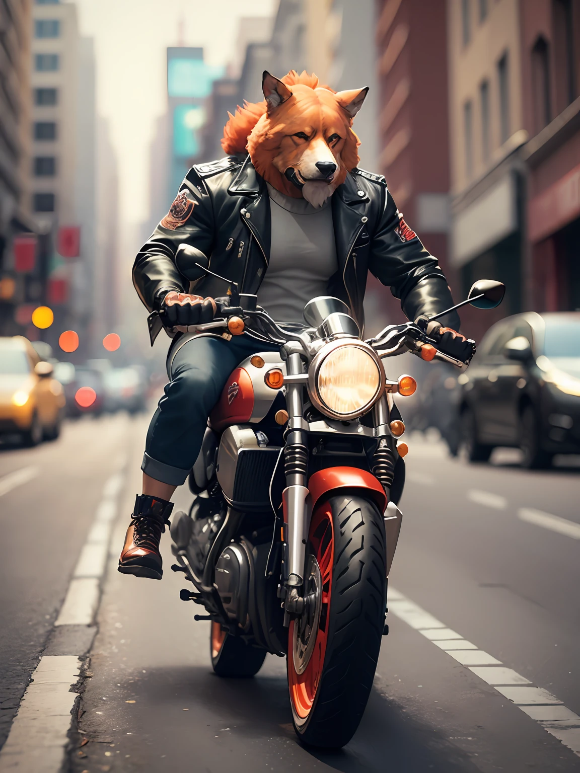 Outfits, (ultradadetailed), (Animal anthropomorphism), gang theme, jacket, red hair. Riding a motorcycle in dim lights, tattoos, machine guns, smoke, shadows, corrupt cityscapes, top quality, single-player focus, (thin and light: 1.04), muscle man, full body, complex (high detail: 1.1), add detail