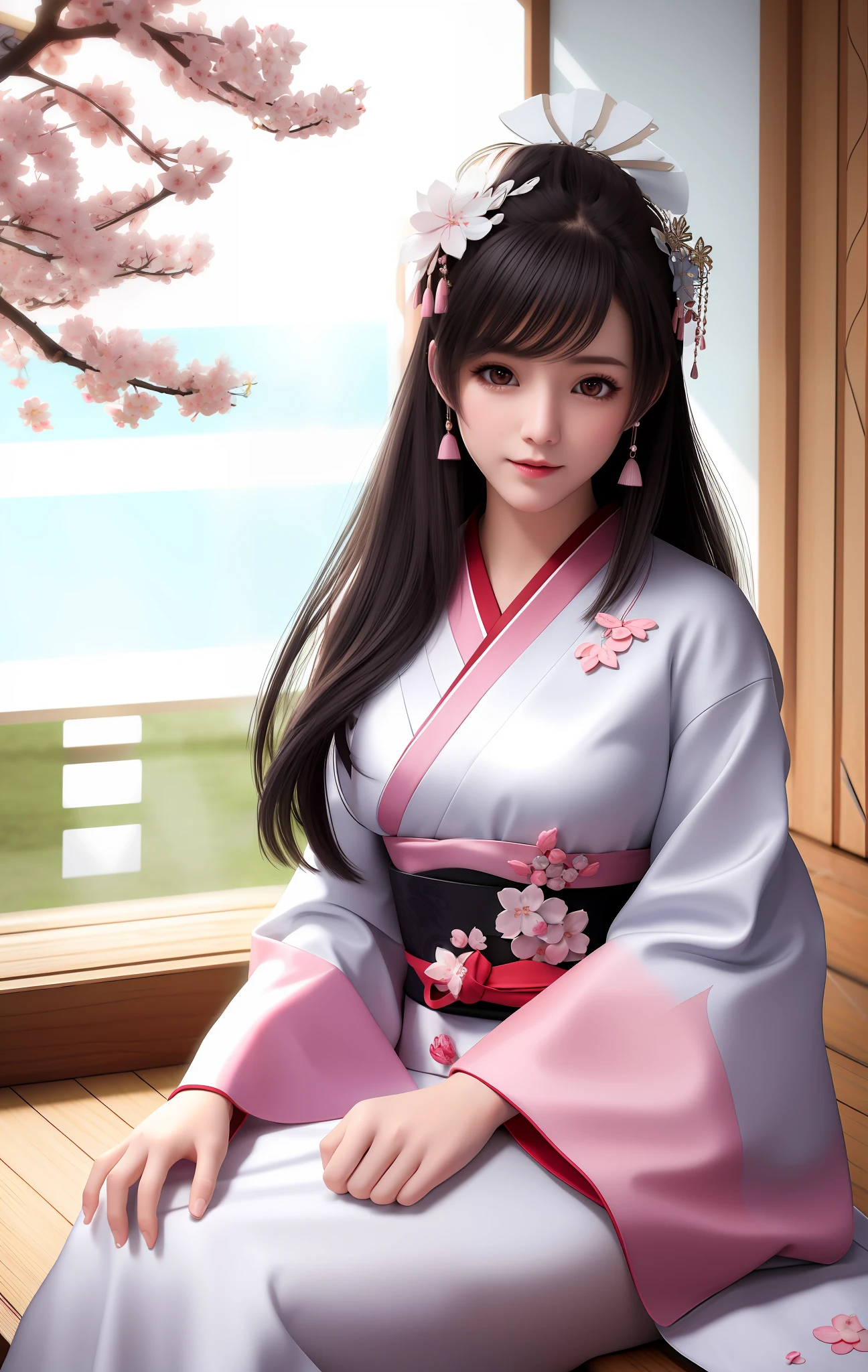 Top quality, masterpiece, high resolution, single girl, cherry blossom pattern sleeve costume on white background, hair accessories, Japanese room, sideways sitting posture on the veranda, beautiful face, physical, tyndall effect, realistic, dark studio, rim lighting, duotone lighting, (high detail skin: 1.2), 8k uhd, DSLR, soft light, high quality, volumetric light, sneak shot, Photo, High Definition, 4K, 8K, Bokeh