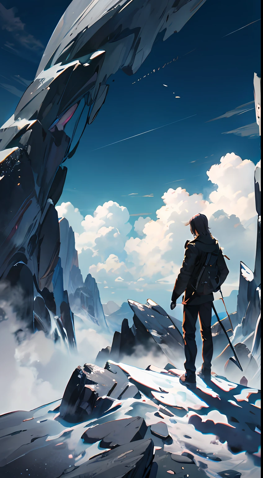 It was an all-dark figure, like a man but not a person, hunched over and standing on a mountain peak.