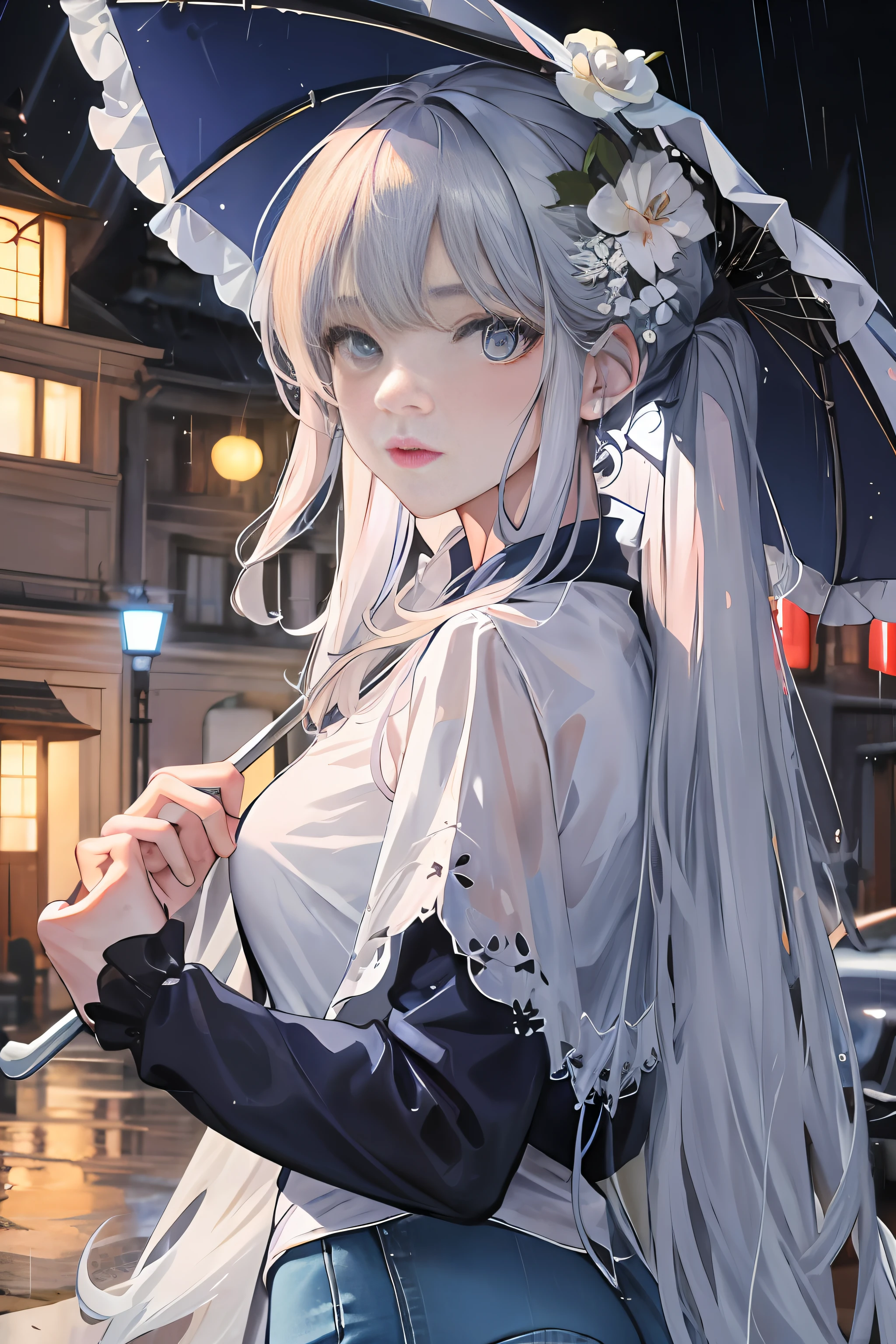 Back, rainy playground, mature woman with umbrella above her head, campus in the background, blue denim leggings, delicate facial features, light blue pupils, masterpiece superb night moon full moon 1 female mature woman Chinese sister royal sister cold face showing silver white long hair woman light pink lips calm intellectual three banded gray assassin lantern lantern flower ball background strolling street scene, long hair shawl,