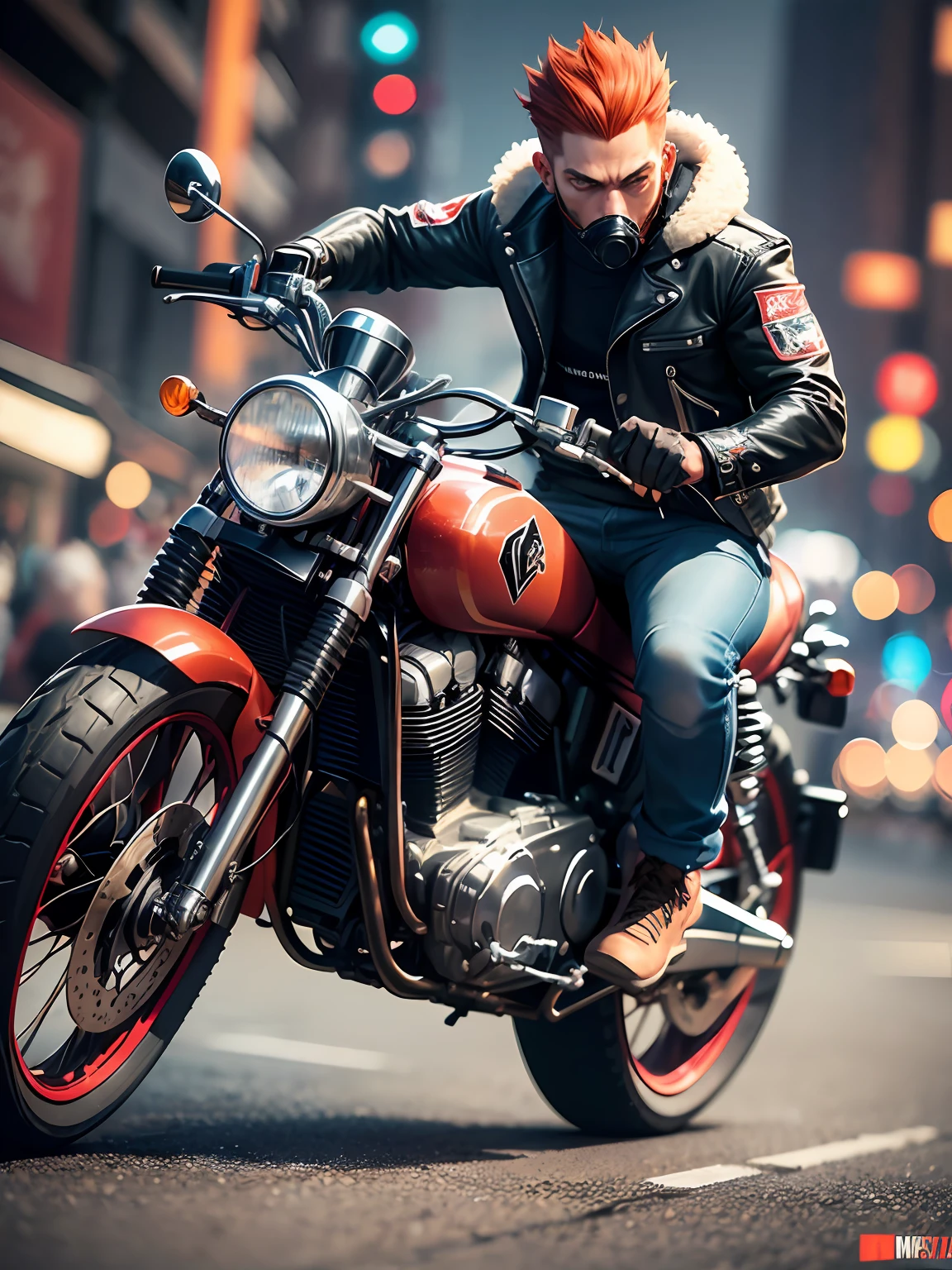 Outfits, (ultradadetailed), (Animal anthropomorphism), gang theme, jacket, red hair. Riding a motorcycle in dim lights, tattoos, machine guns, smoke, shadows, corrupt cityscapes, top quality, single-player focus, (thin and light: 1.04), muscle man, full body, complex (high detail: 1.1), add detail