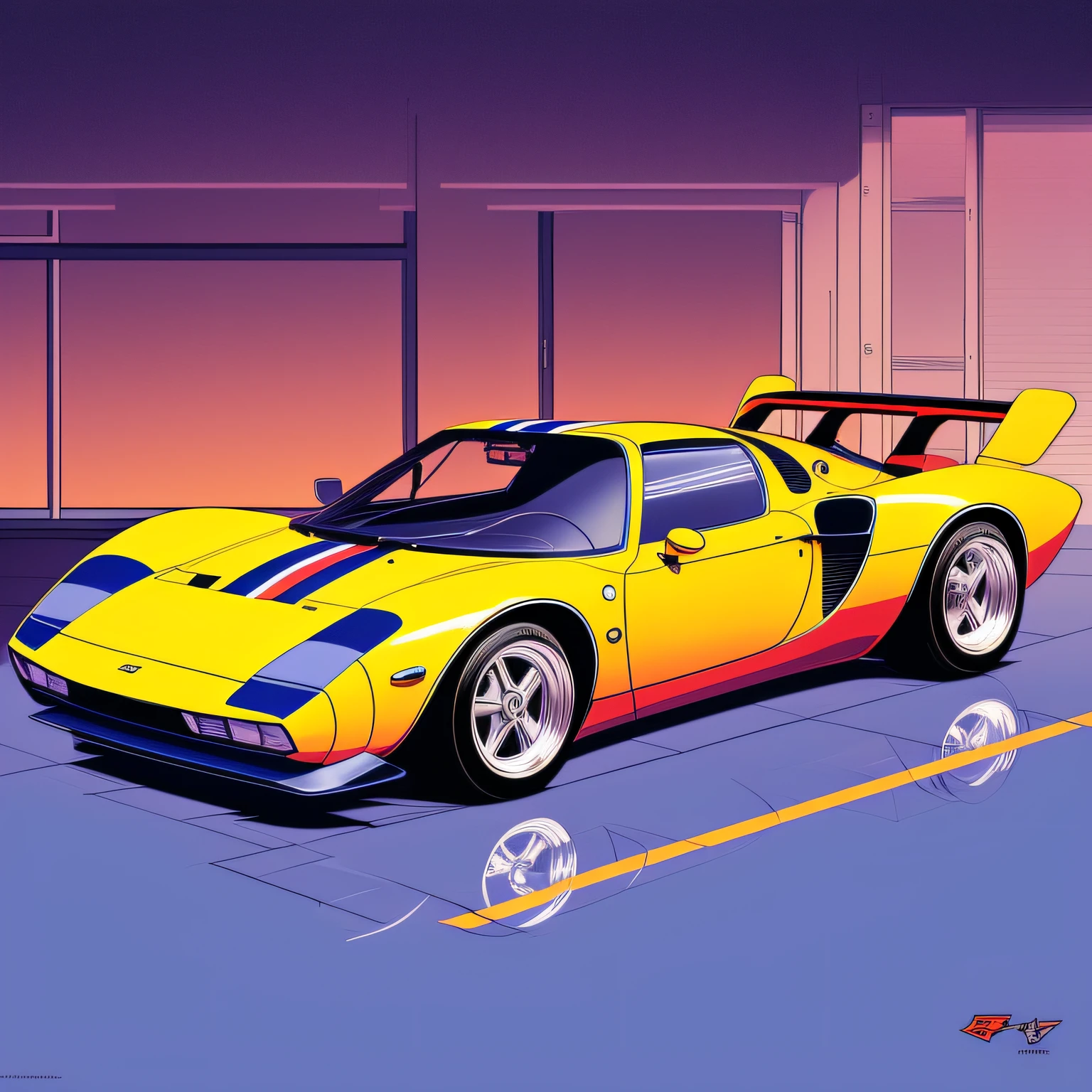 painting of a blue sports car with a red and yellow stripe, miura kentaro style, automotive design art, #1 digital painting of all time, # 1 digital painting of all time, syd mead. rich colors, the style of syd mead, 🪔 🎨;🌞🌄, style of syd mead, car sketch, syd mead style --auto --s2