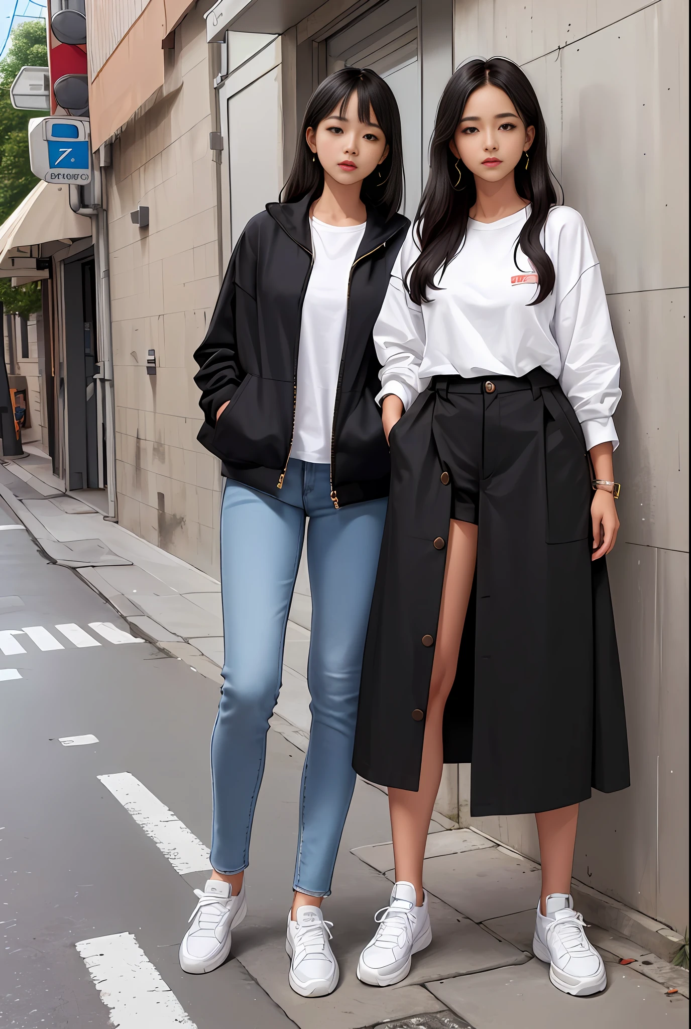a woman in a sneakers standing on a sidewalk, thisset style, no type, cute woman, s line, casual clothing style,outfit photo, simple style, one piece style, (hyperrealistic), (illustration), (high resolution), (8K), (extremely detailed), (best illustration), (beautiful detailed eyes), (best quality), (ultra-detailed), (masterpiece), (wallpaper), (detailed face)