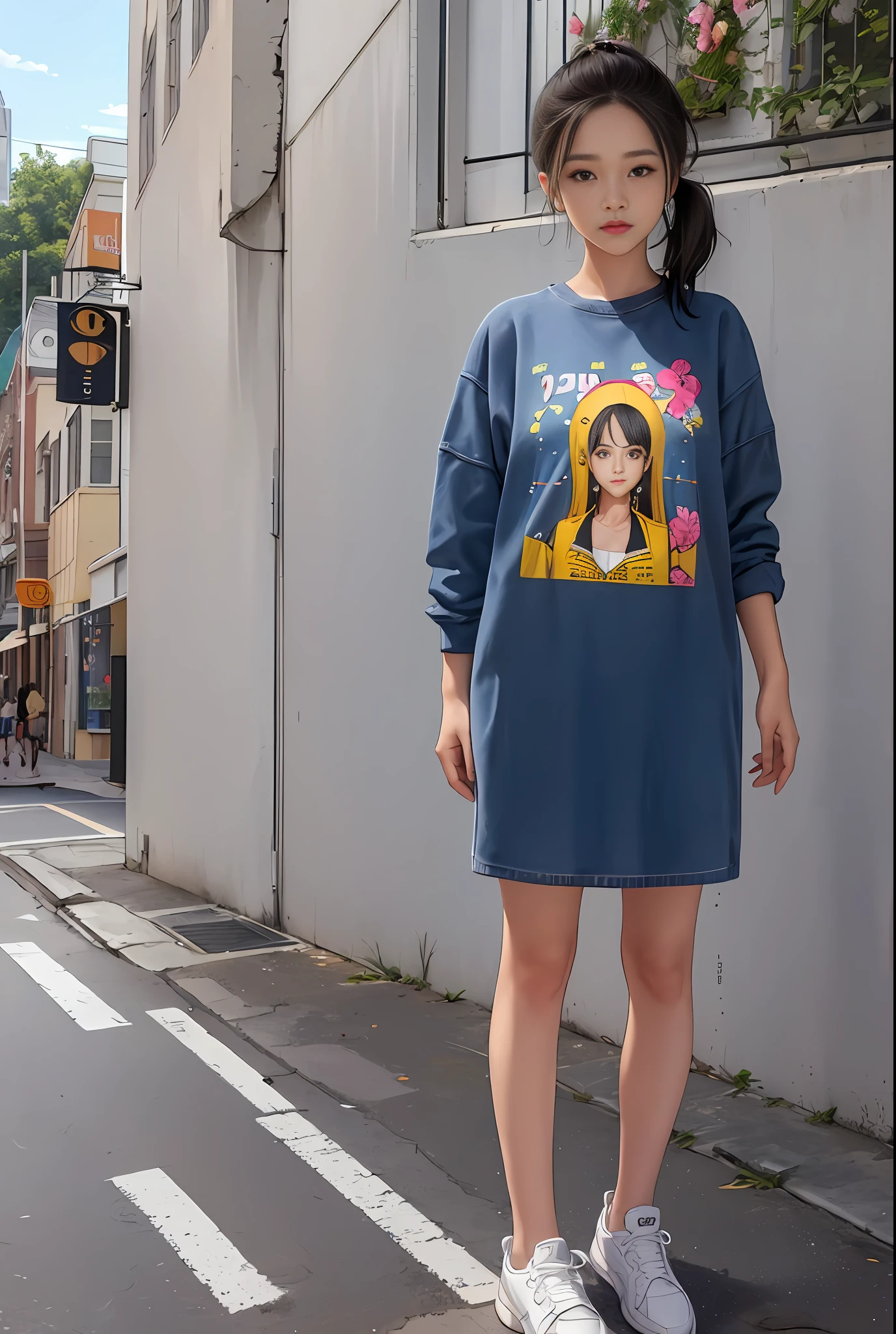 a woman in a sneakers standing on a sidewalk, thisset style, no type, cute woman, s line, casual clothing style,outfit photo, simple style, one piece style, (hyperrealistic), (illustration), (high resolution), (8K), (extremely detailed), (best illustration), (beautiful detailed eyes), (best quality), (ultra-detailed), (masterpiece), (wallpaper), (detailed face)