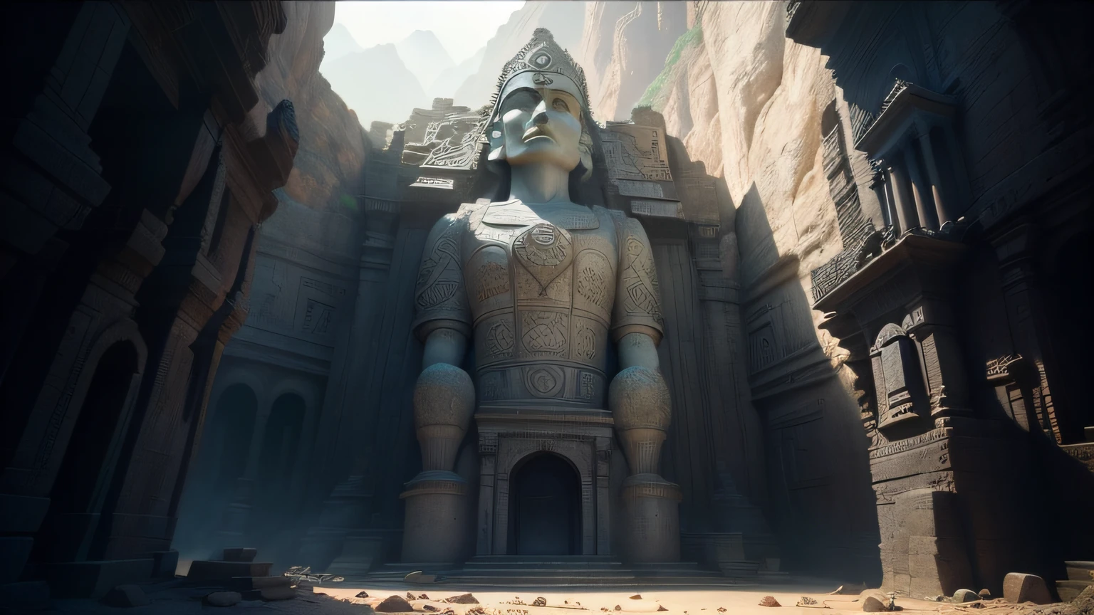 there is a large stone statue in the middle of a narrow canyon, film still promotional image, freddy mamani silvestre facade, source engine footage, large temples, face shown, inspired by Clint Cearley, with several broken statues, screengrab, tombs, iron helmet, roger deakin’s cinematography, indian forest, by Chris LaBrooy, 2 0 1 4