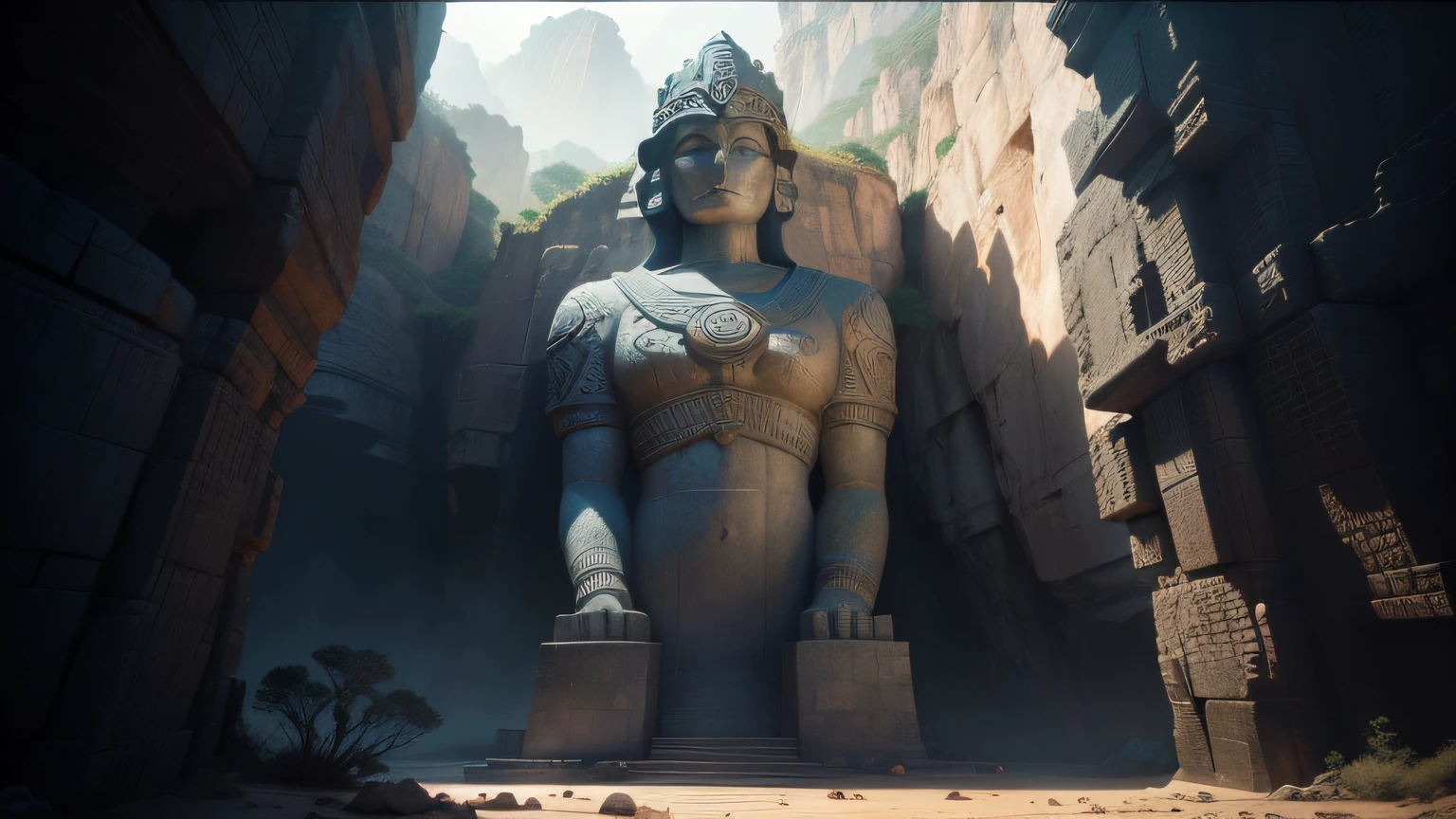 there is a large stone statue in the middle of a narrow canyon, film still promotional image, freddy mamani silvestre facade, source engine footage, large temples, face shown, inspired by Clint Cearley, with several broken statues, screengrab, tombs, iron helmet, roger deakin’s cinematography, indian forest, by Chris LaBrooy, 2 0 1 4
