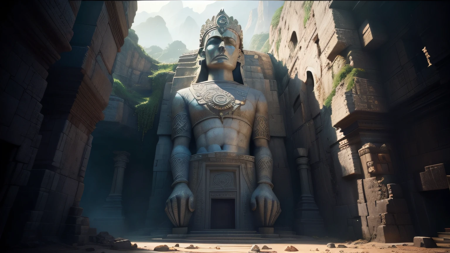 there is a large stone statue in the middle of a narrow canyon, film still promotional image, freddy mamani silvestre facade, source engine footage, large temples, face shown, inspired by Clint Cearley, with several broken statues, screengrab, tombs, iron helmet, roger deakin’s cinematography, indian forest, by Chris LaBrooy, 2 0 1 4