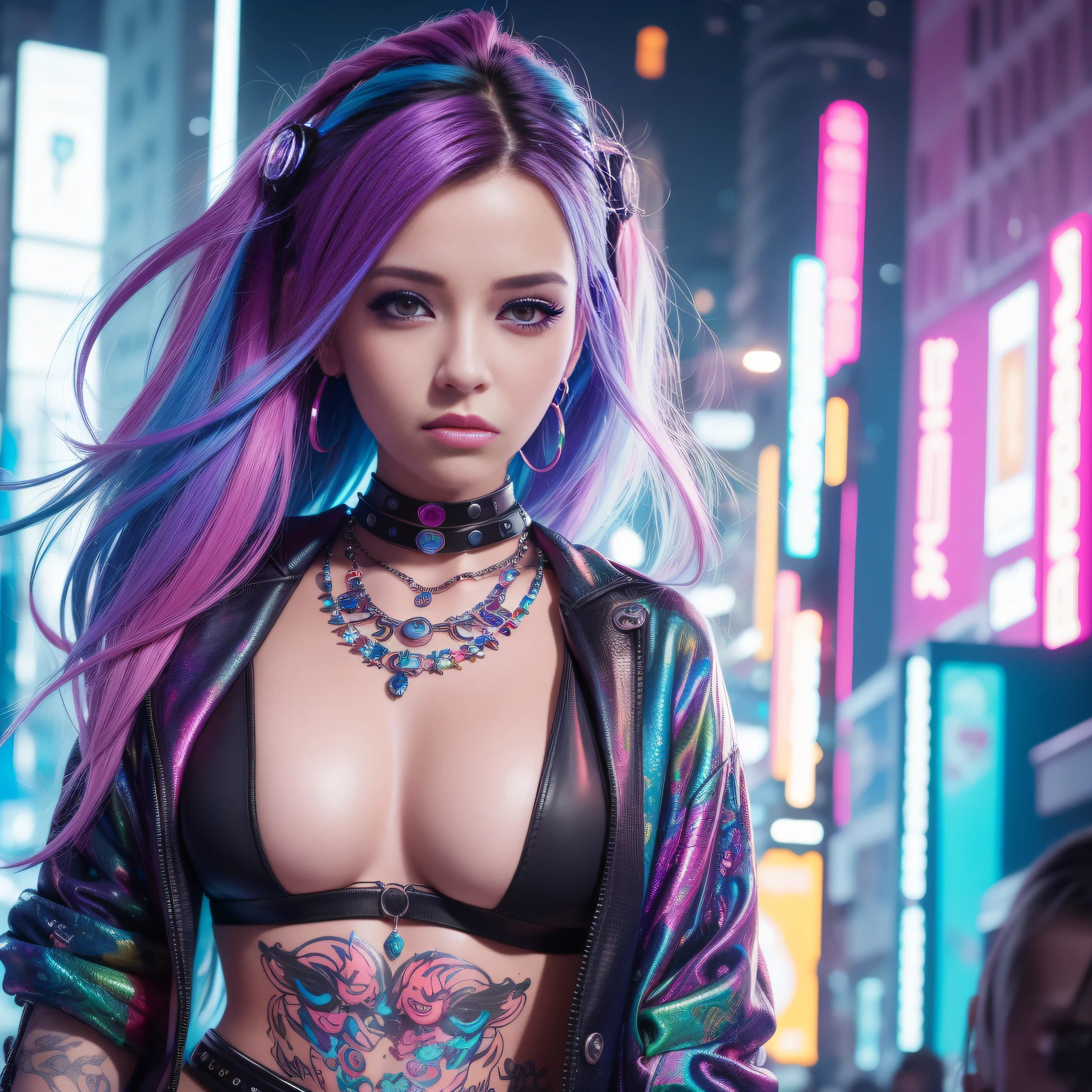a close up of a woman with colorful hair and piercings, dreamy cyberpunk girl, 4k highly detailed digital art, stunning digital illustration, 8k stunning artwork, colorfull digital fantasy art, colorful and dark, beautiful digital artwork, colorful digital painting, digital cyberpunk anime art, glowwave girl portrait, 8k hd wallpaper digital art, gorgeous digital painting