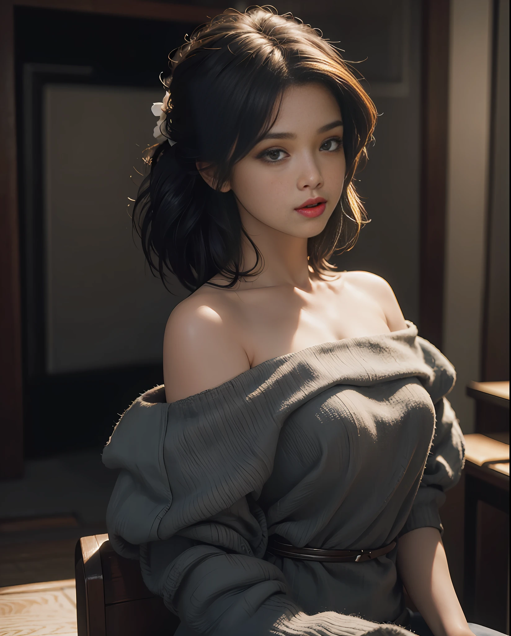 Best quality, masterpiece, ultra high res, (photorealistic:1.4), raw photo, 1girl, off shoulder, cinematic lighting, kiss poses