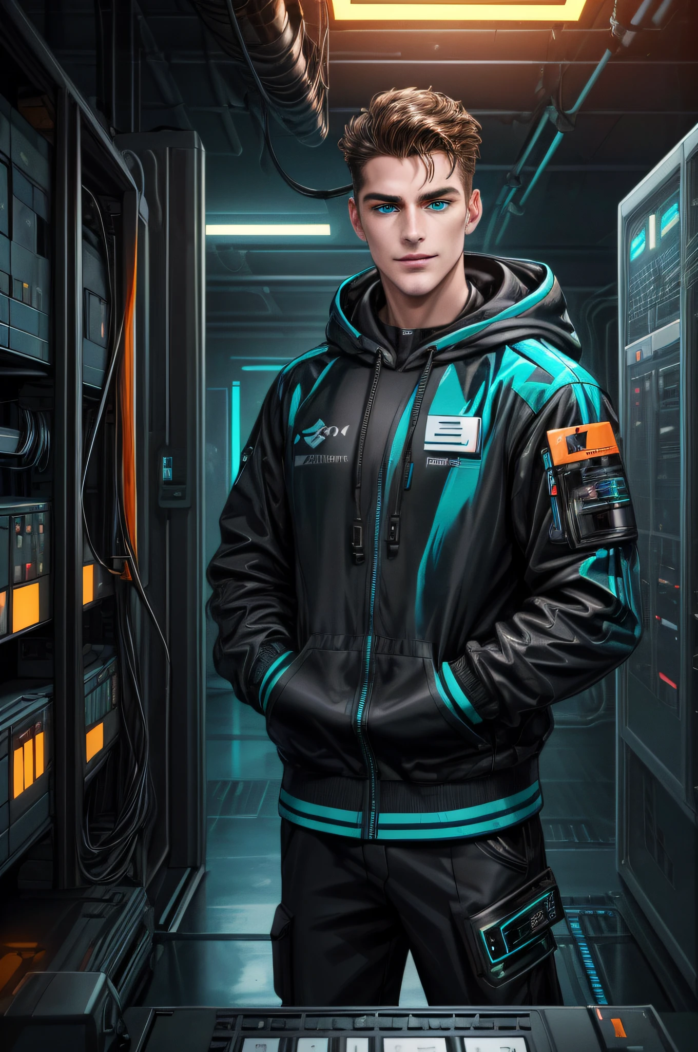 (Absurdres, Intricate Details, Masterpiece, Best Quality, High Resolution, 8k), 1 male, swedish, mature, aged up, handsome, finely detailed eyes and face, brown quiff hair, teal eyes, looking at viewer, solo, (full body:0.6), detailed background, detailed face, (CircuitBoardAI, electronic theme:1.1) evil high-tech futuristic hacker, smirk, advanced technology, hoodie, techwear,  keycard, cables,   (holographic display:1.05), error message,  computer, password, server room in background, orange lights, cyber-warfare, dark sinister atmosphere,  Depth of Field, VFX.