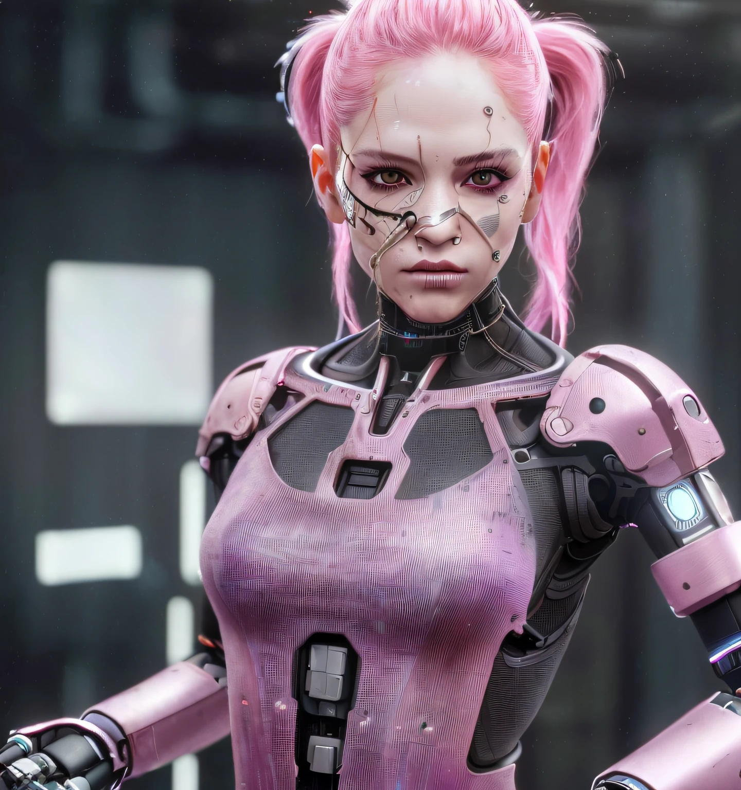 (8k, RAW photo, highest quality),(epic realistic:1.7), a girl,(erotic face:1.2),shirt,(detailed eyes:1.1),(looking at the camera:1.4), (highest quality),intricate details,cinematic,((skin:1.4)),interior, (long ponytail pink hair:1.2),dark studio,(hdr:1.7),detailed, muted colors, (freckles:0.7), (best shadow:1.8), cyborg, (robotic white parts:1.3), (luxurious cyberpunk:1.5), full body