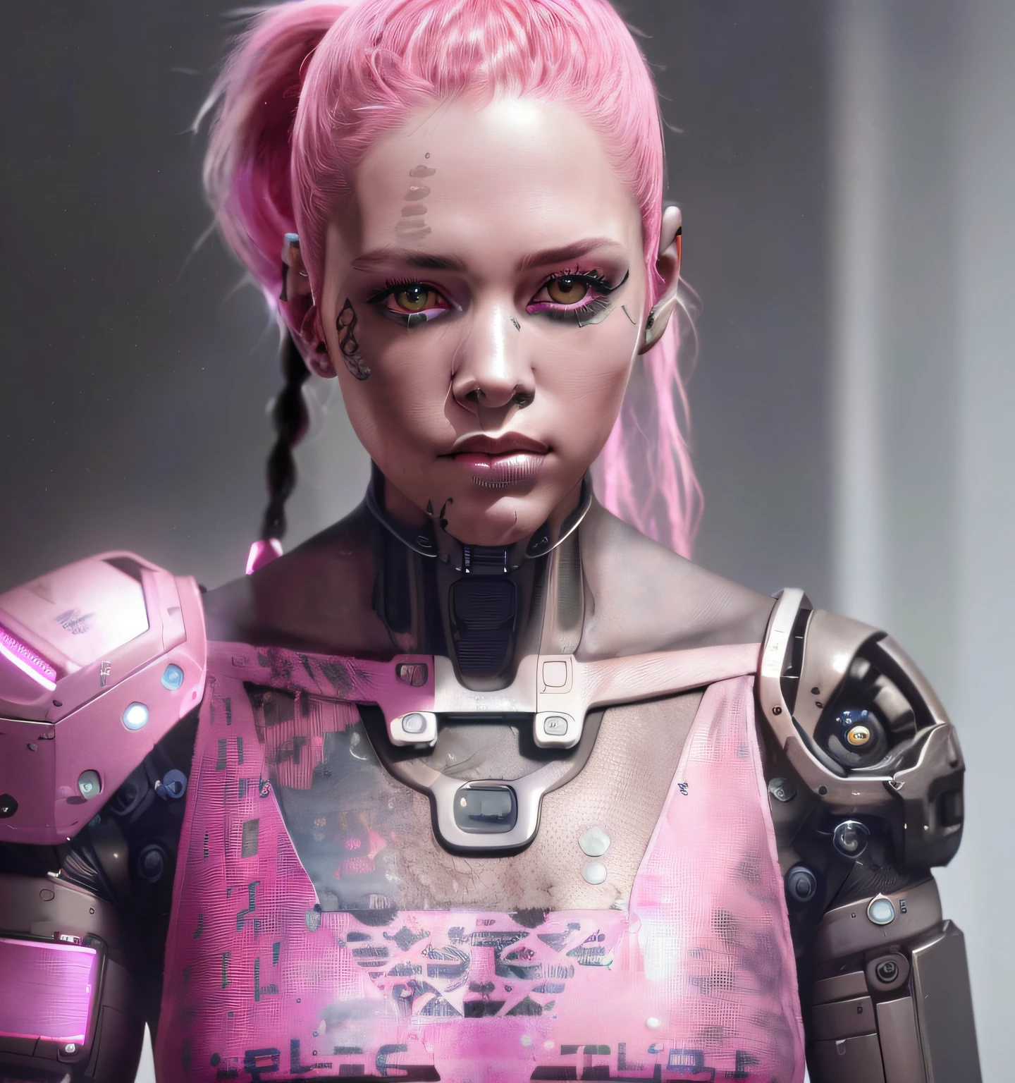 (8k, RAW photo, highest quality),(epic realistic:1.7), a girl,(erotic face:1.2),shirt,(detailed eyes:1.1),(looking at the camera:1.4), (highest quality),intricate details,cinematic,((skin:1.4)),interior, (long ponytail pink hair:1.2),dark studio,(hdr:1.7),detailed, muted colors, (freckles:0.7), (best shadow:1.8), cyborg, (robotic white parts:1.3), (luxurious cyberpunk:1.5), full body
