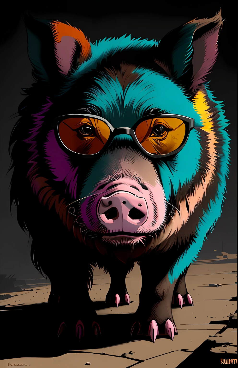 (Dark Shot: 1.1), Epic Realism, A Pig Wearing Sunglasses, Tartan Scarf, by Greg Rutkowski, by Greg Tocchini, by James Gilleard, by Joe Fenton, by Kaethe Butcher, Gradient Yellow, Black, Brown, and Magenta Color Scheme, Grunge Aesthetics!!! Graffiti tag wall background, artwork by Greg Rukowski and Artgerm, soft cinematic light, Adobe Lightroom, PhotoLab, HDR, intricate, very detailed, (depth of field: 1.4), faded, (neutral color: 1.2), (HDR: 1.4), (Pastel Colors: 1.2), Ultra Detailed, (ArtStation: 1.4), Film, Warm Light, Dramatic Light, (Intricate Details: 1.1), Complex Backgrounds, (Rutkowski: 0.66), (Teal and Orange: 0.4)