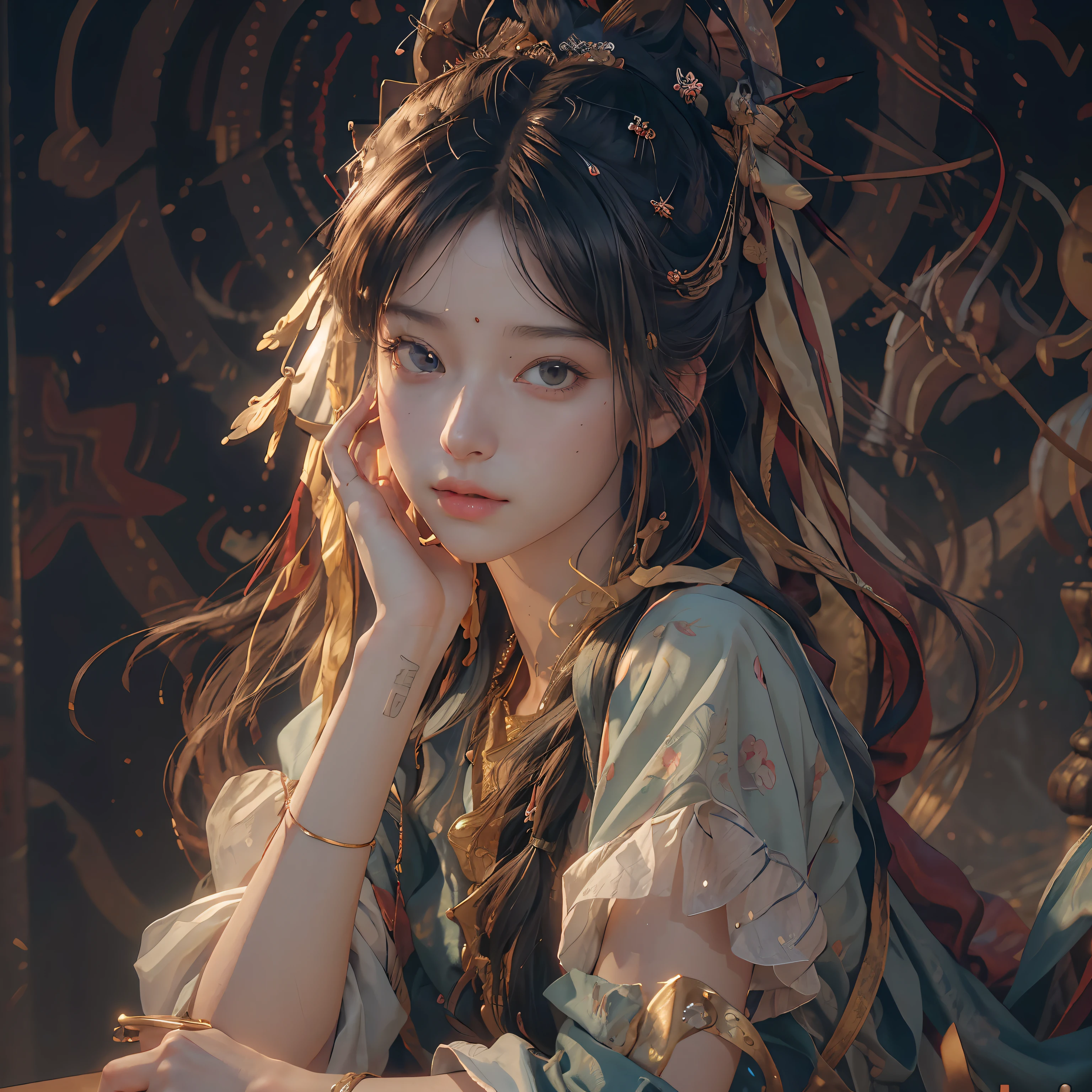 (RAW photo, best quality), (realistic, photo-realistic:1.3),best quality,highly detailed,masterpiece,ultra-detailed,illustration,1girl,upper_body,dynamic angle,world masterpiece theater,messy_long_hair,best quality,extremely detailed CG unity 8k wallpaper,ink,Amazing,cinematic lighting,lens_flare, dunhuang_style