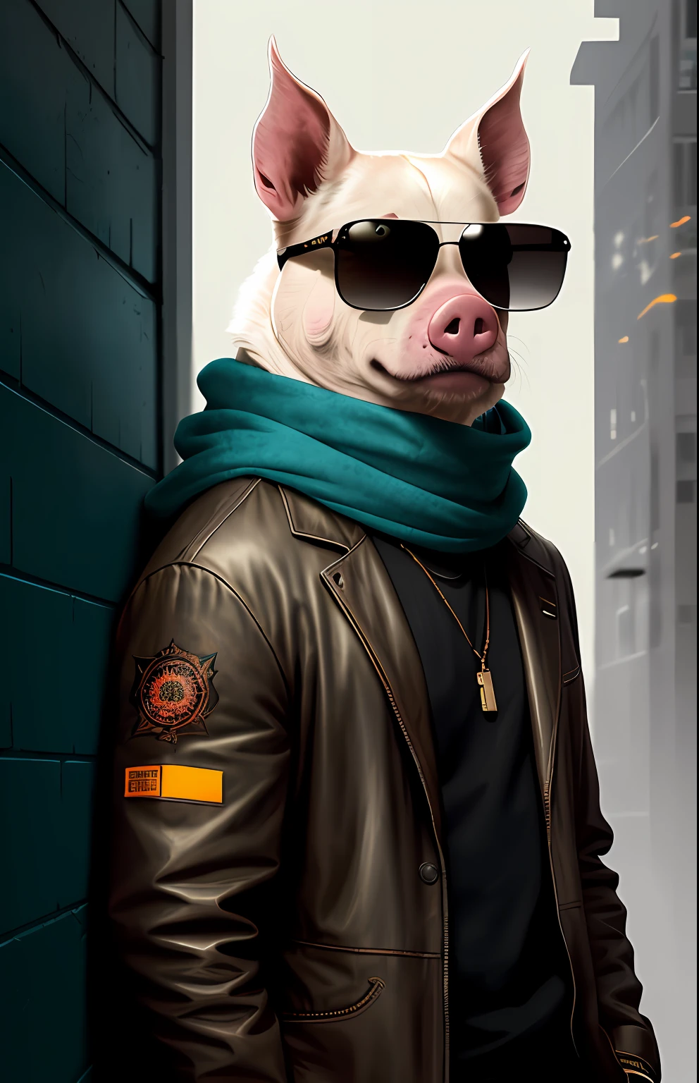 (Dark Shot: 1.1), Epic Realism, A Pig Wearing Sunglasses, Tartan Scarf, by Greg Rutkowski, by Greg Tocchini, by James Gilleard, by Joe Fenton, by Kaethe Butcher, Gradient Yellow, Black, Brown, and Magenta Color Scheme, Grunge Aesthetics!!! Graffiti tag wall background, artwork by Greg Rukowski and Artgerm, soft cinematic light, Adobe Lightroom, PhotoLab, HDR, intricate, very detailed, (depth of field: 1.4), faded, (neutral color: 1.2), (HDR: 1.4), (Pastel Colors: 1.2), Ultra Detailed, (ArtStation: 1.4), Film, Warm Light, Dramatic Light, (Intricate Details: 1.1), Complex Backgrounds, (Rutkowski: 0.66), (Teal and Orange: 0.4)
