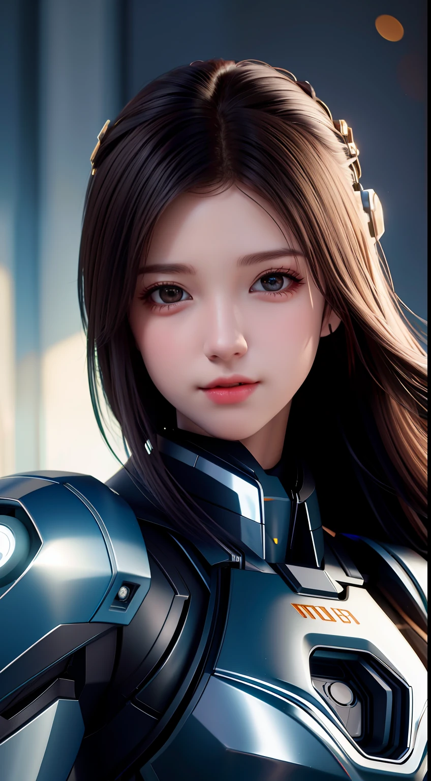 Best Quality, Masterpiece, High Resolution, 1Girl, Mecha Suit, Beautiful Face, upon_body, Tyndall Effect, Realistic, Dark Studio, Edge Lighting, Two-tone Lighting, (High Detail Skin: 1.2), 8k UHD, DSLR, Soft Lighting, High Quality, Volume Lighting, Frank, Photo, High Resolution, 4K, 8K, Bokeh