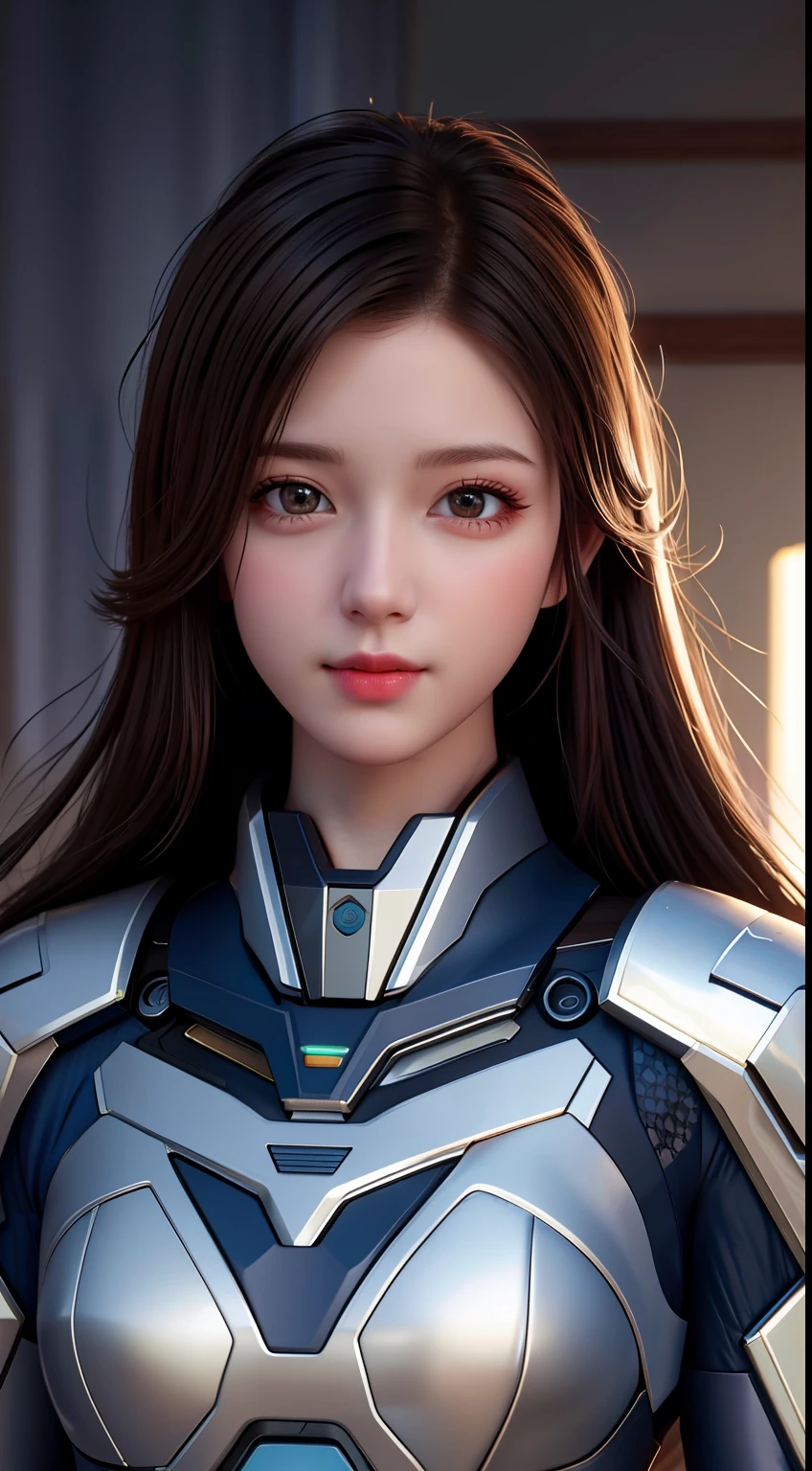 Best Quality, Masterpiece, High Resolution, 1Girl, Mecha Suit, Beautiful Face, upon_body, Tyndall Effect, Realistic, Dark Studio, Edge Lighting, Two-tone Lighting, (High Detail Skin: 1.2), 8k UHD, DSLR, Soft Lighting, High Quality, Volume Lighting, Frank, Photo, High Resolution, 4K, 8K, Bokeh