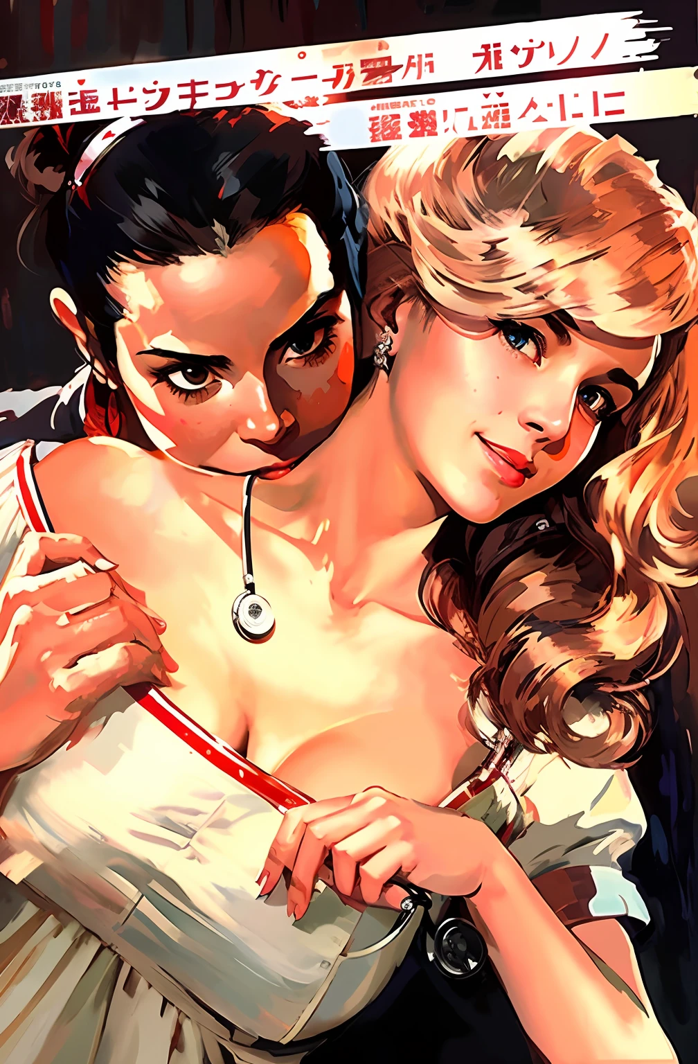 full shot body photo of the most beautiful artwork in the world featuring ww2 nurse holding a liquor bottle sitting on a desk nearby, smiling, freckles, white outfit, nostalgia, sexy, stethoscope, heart professional majestic oil painting by Ed Blinkey, Atey Ghailan, Studio Ghibli, by Jeremy Mann, Greg Manchess, Antonio Moro, trending on ArtStation, trending on CGSociety, Intricate, High Detail, Sharp focus, dramatic, photorealistic painting art by midjourney and greg rutkowski