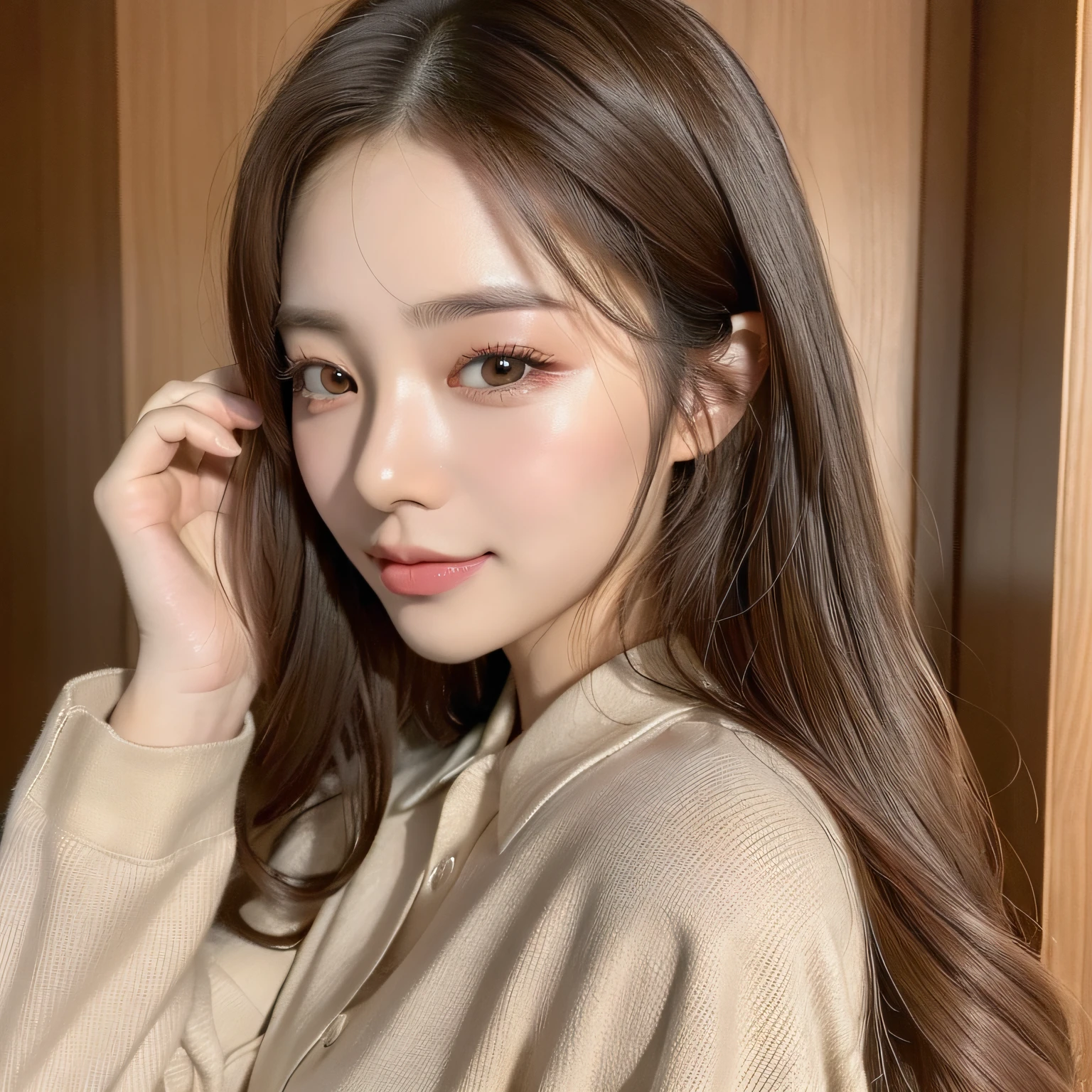 (A Korean girl: 1.5), (a woman), ((Best quality, 8k, Masterpiece: 1.3)), Sharp focus: 1.2, Upper body, perfect figure: 1.4, Slim: 1.2, happy expression, smile, beige collared long sleeve shirt, white shirt with pleated skirt, with complementary tones, elegant, highly fine face and skin texture, detailed eyes, double eyelids, long eyelashes, fine eyelashes, fine cloth texture