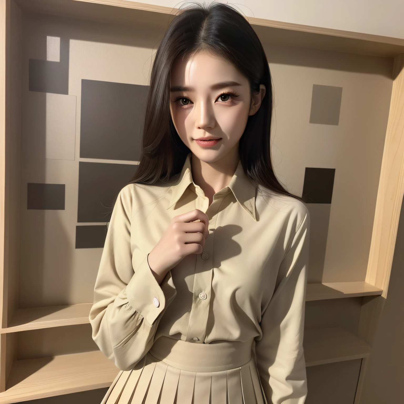 (A Korean girl: 1.5), (a woman), ((Best quality, 8k, Masterpiece: 1.3)), Sharp focus: 1.2, Upper body, perfect figure: 1.4, Slim: 1.2, happy expression, smile, beige collared long sleeve shirt, white shirt with pleated skirt, with complementary tones, elegant, highly fine face and skin texture, detailed eyes, double eyelids, long eyelashes, fine eyelashes, fine cloth texture