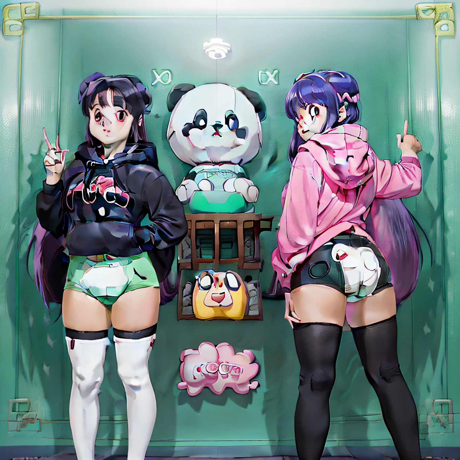 (aesthetic, high quality, ultra detailed CG), a blushing girl, short black hair, big eyes, "panda theme hoodie", wearing a diaper, black thigh high socks and mary jane shoes, a full body portrait, standing up pose, casual dynamic pose, high key lighting, pastel colors, anime-style, light green bright background.