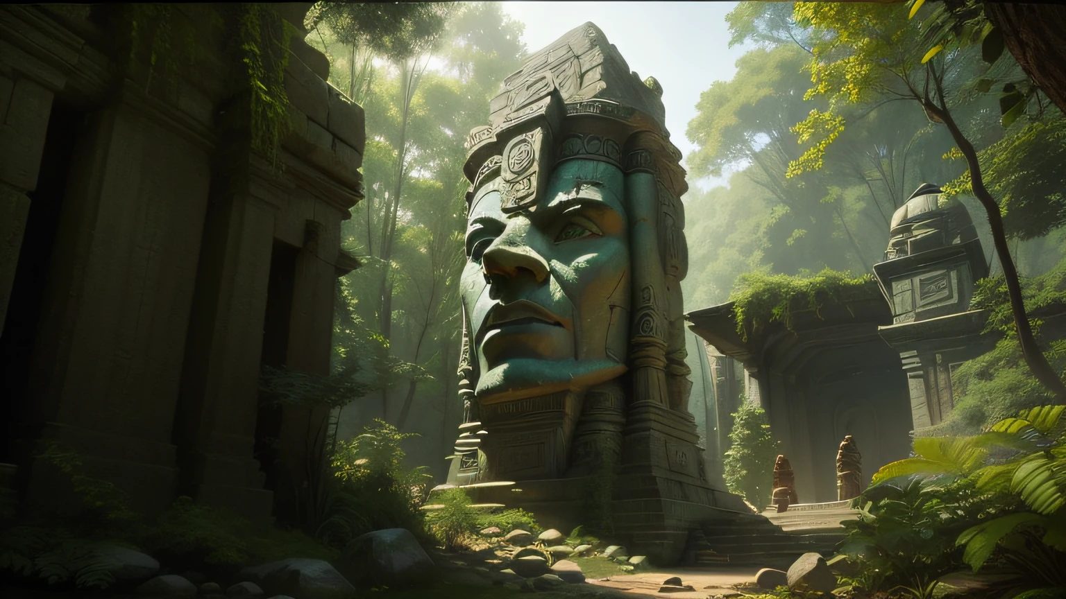there is a large stone statue in the middle of a forest, unreal maya, cinematic imax shot, by Jang Seung-eop, inca style, cybertronic hindu temple, closeup of the face, playstation 3, autodesk, still from marvel movie, tombs